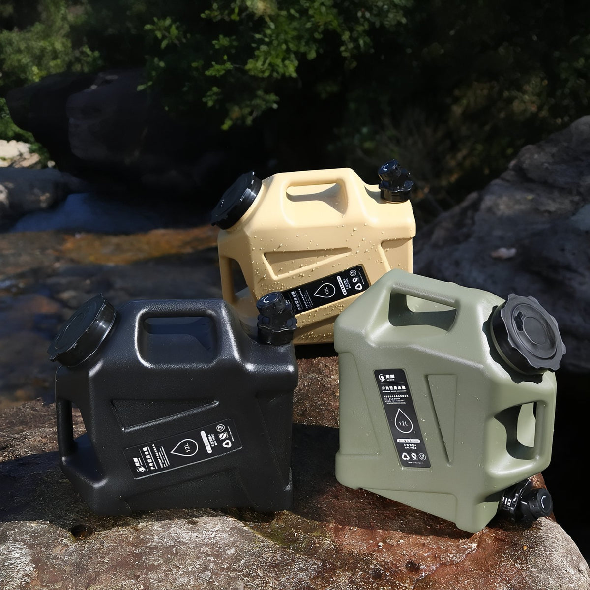 12L Camping Water Jerrycan three jerrycans aligned - Olive Green - Light Beige - Matte Black