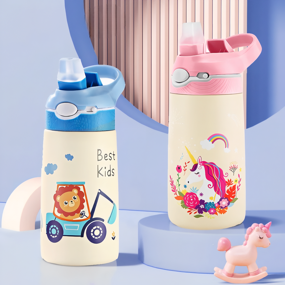 Flamingo Kids Water Bottle 400ML two bottles on stage - Flamingo