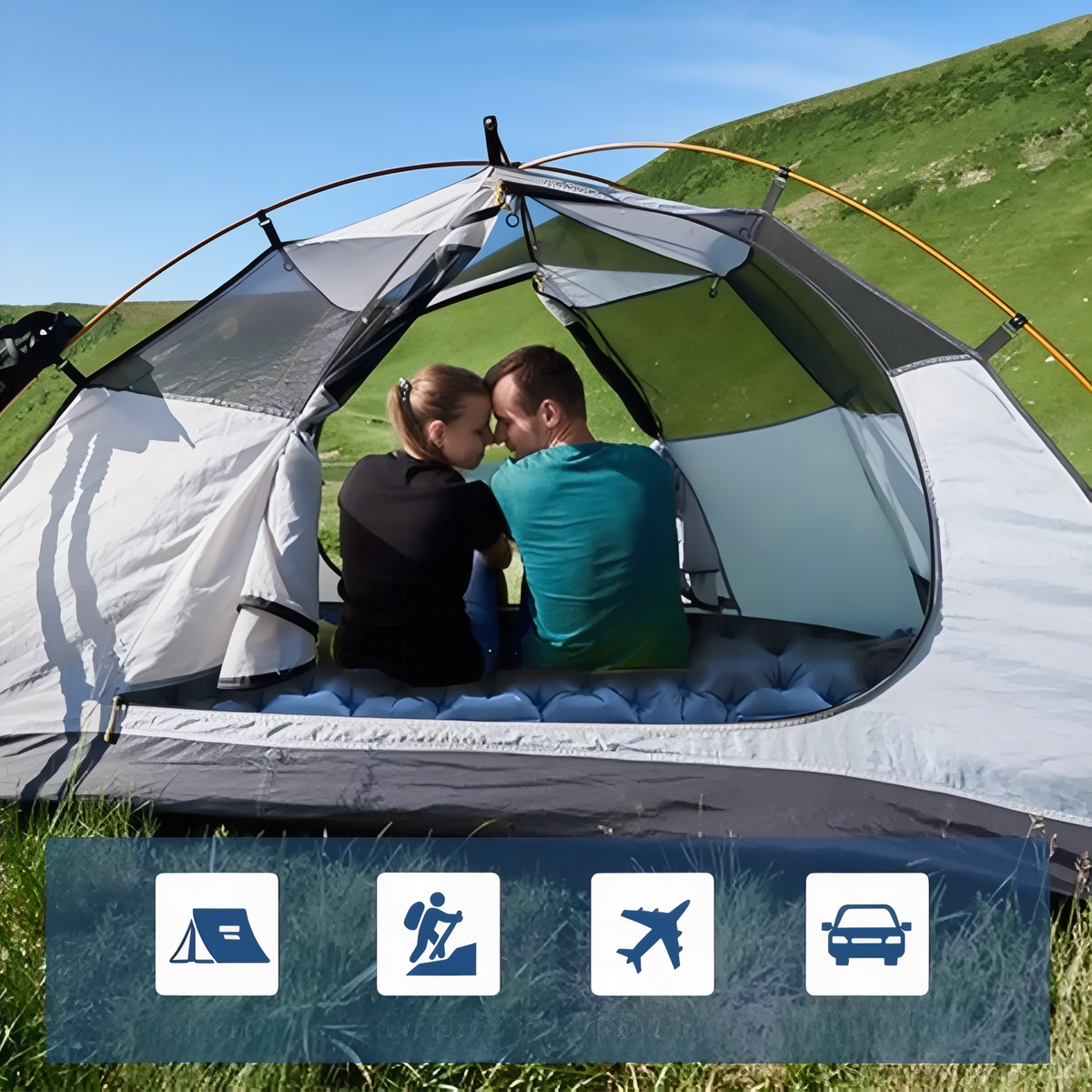 Matelas Gonflable Randonnée 2 Personnes Avec Coussin couple dans tente - Bleu Marine - Bleu Ciel - Marron Clair - Vert Olive