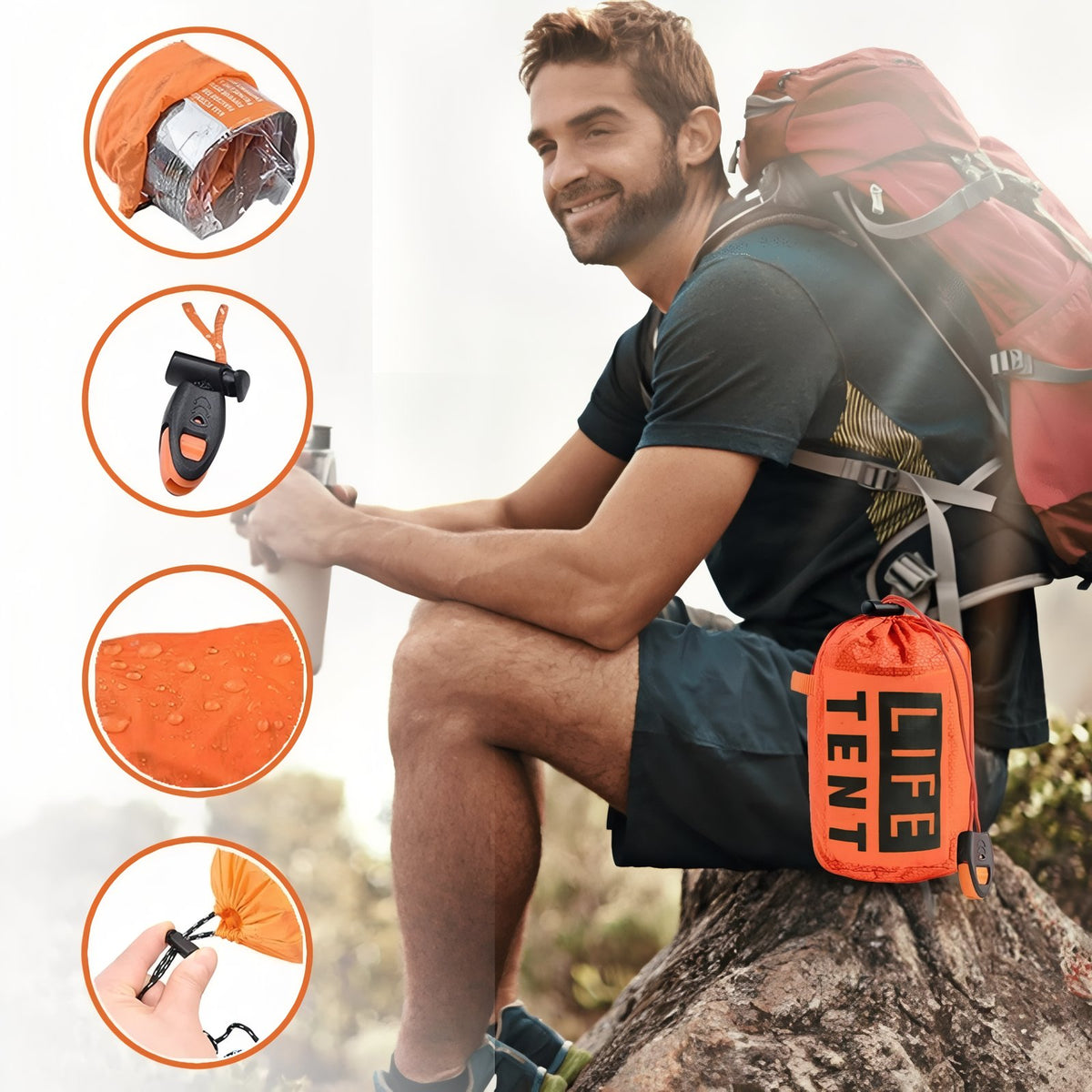 Tente Bivouac Survie gros plan accessoires orange - Orange et Argent - Vert Olive