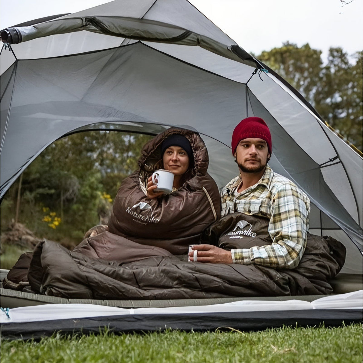 3-Season Lightweight Sleeping Bag in a Camping Setting - Brown and Beige - Olive Green
