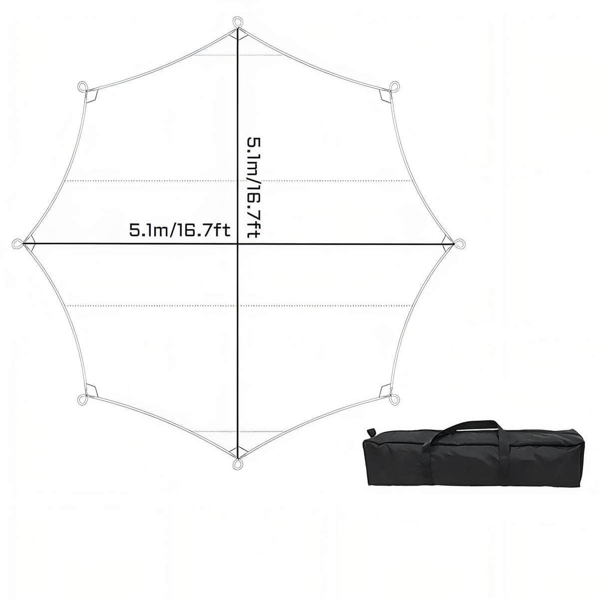 Tarp Randonnée 5.1x5.1M guide des dimensions - Gris et Vert - Gris Foncé et Argenté - Beige et Argent