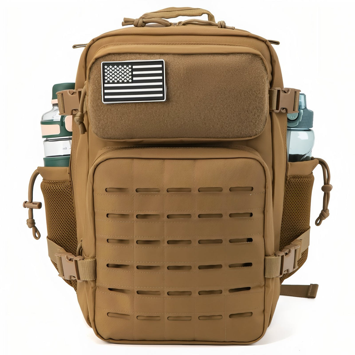 Close-up of the side pocket of the Sand Military Backpack 25L - Dark Brown