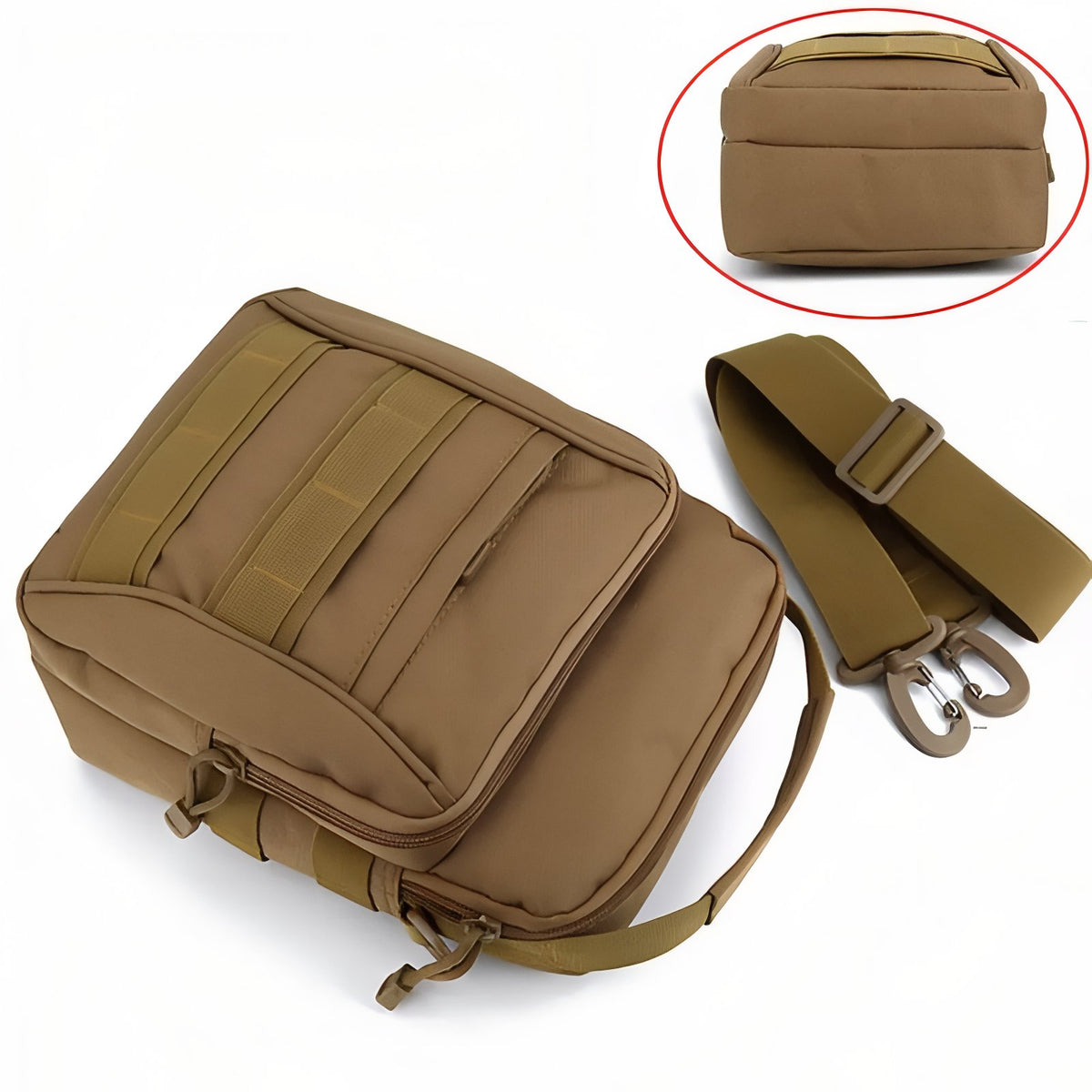 Close-up of Hiking Shoulder Bag strap and closure - Dark Brown - Olive Green - Matte Black