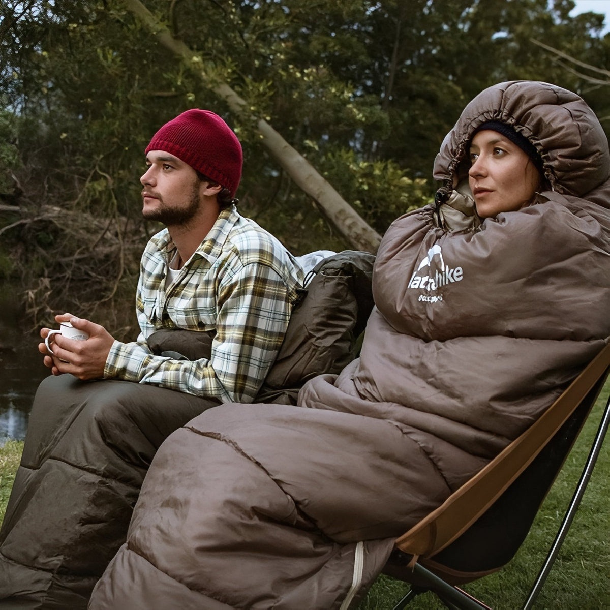 3-Season Lightweight Sleeping Bag outdoor setting - Brown and Beige - Olive Green