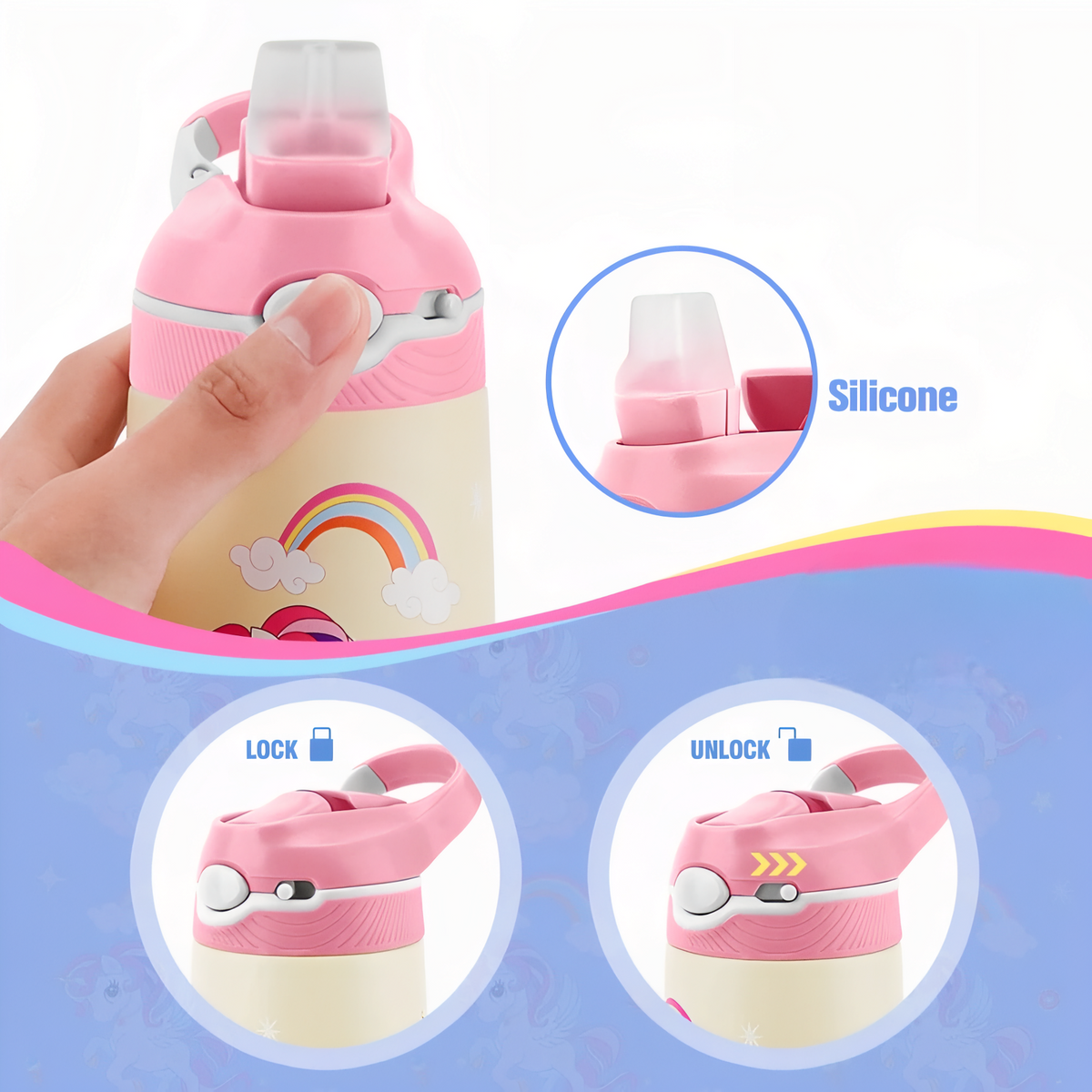 Gourde Enfant Licorne 400ML gros plan mécanisme ouverture - Licorne 1 - Licorne 2