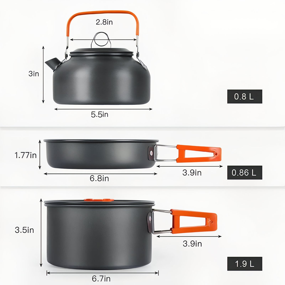 3-Person Cookset dimensions guide - Kit A - Kit B - Kit C - Kit D