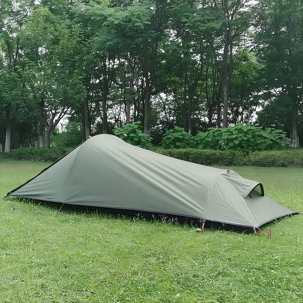 Lightweight 1-Person Bivouac Tent in outdoor setting - Olive Green - Sand Beige - Groundsheet