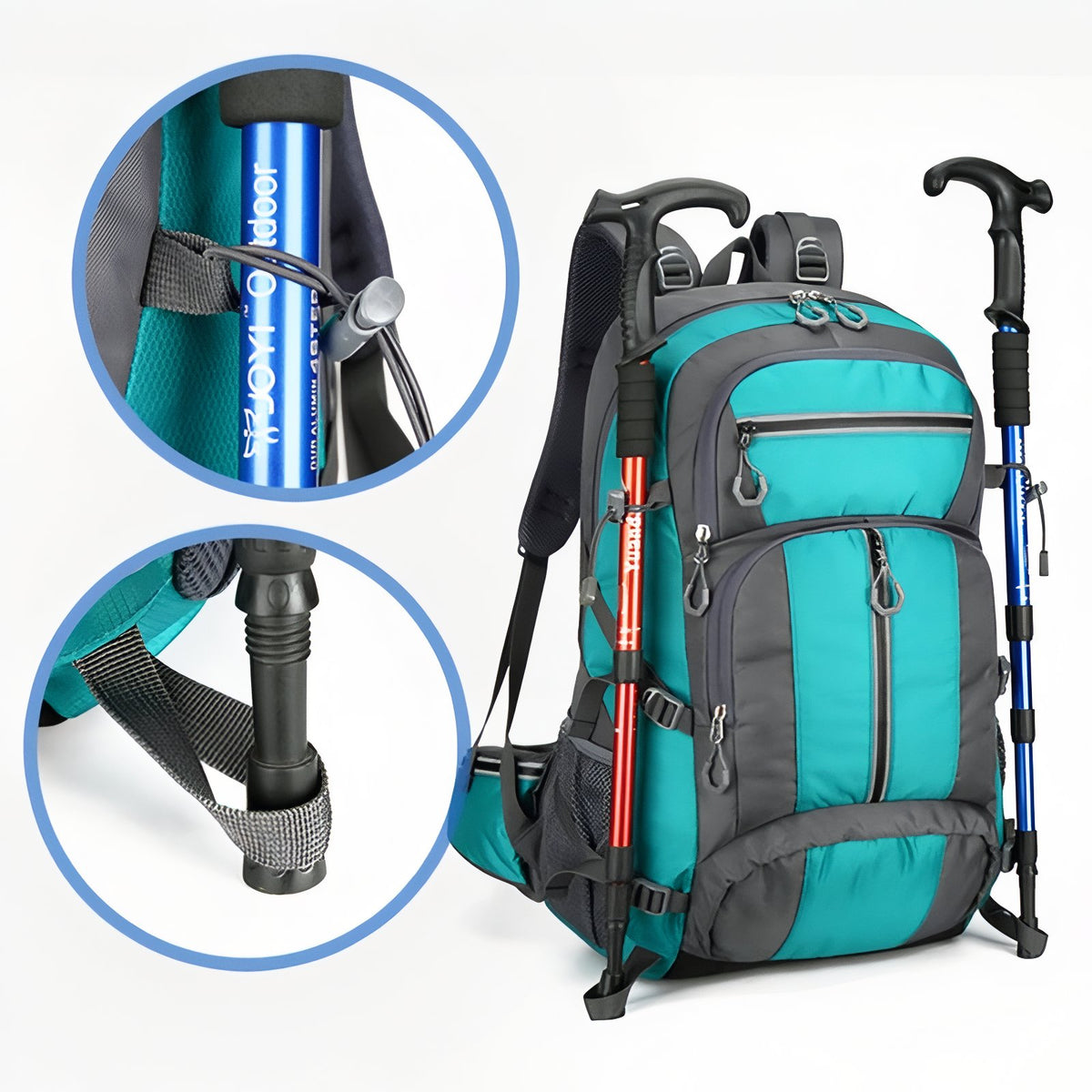 Multi-Pocket Hiking Backpack 55L close-up on details - Turquoise and Grey - Dark Grey and Black - Dark Grey and Navy Blue - Deep Black - Orange and Grey