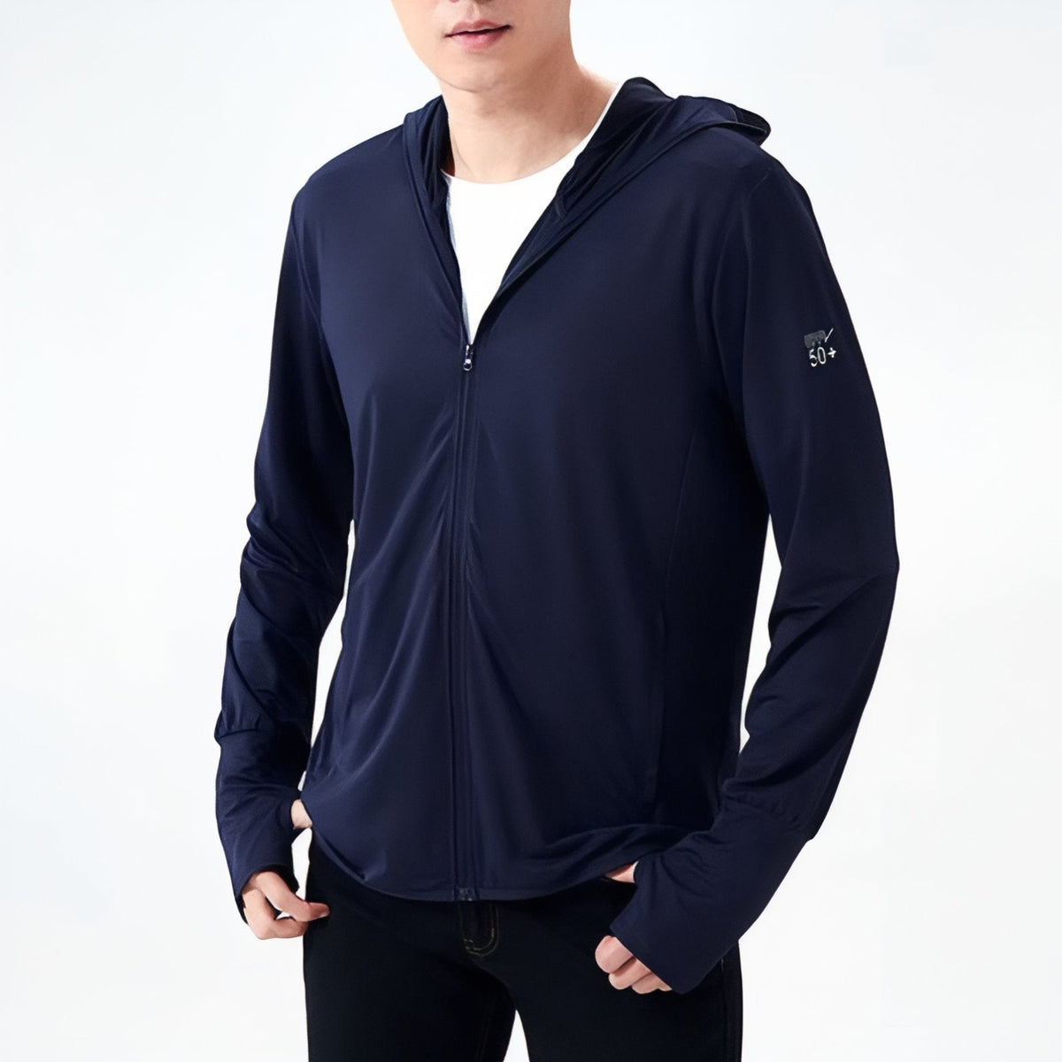 Veste Anti-UV Homme UPF 50+ portée à la main - Blanc Pur - Bleu Marine - Gris Clair