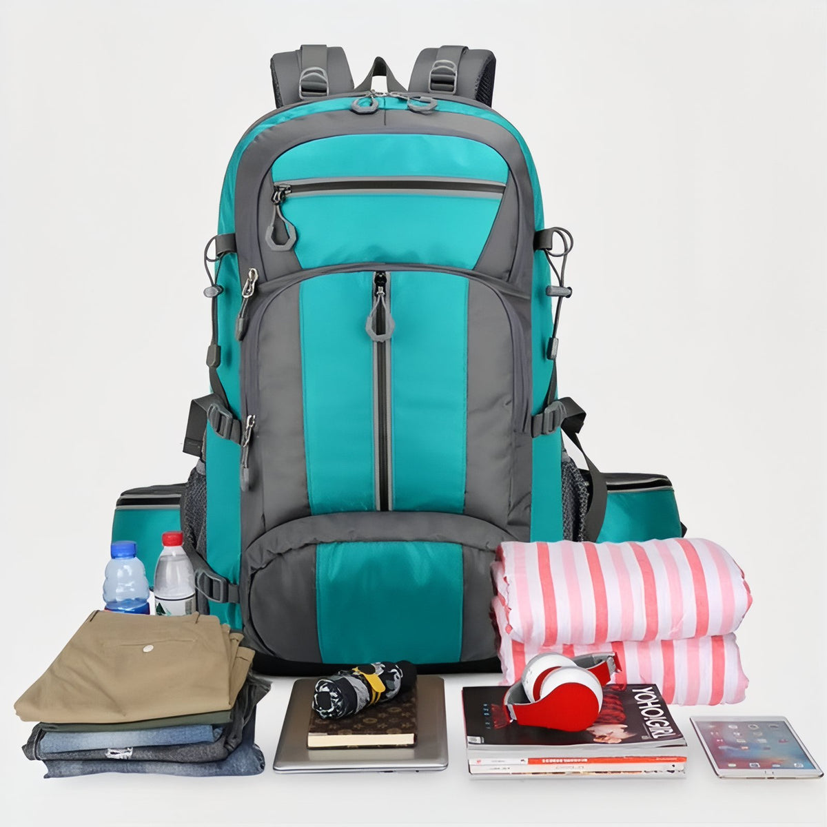 Multi-Pocket Hiking Backpack 55L in use with items - Turquoise and Gray - Dark Gray and Black - Dark Gray and Navy Blue - Deep Black - Orange and Gray
