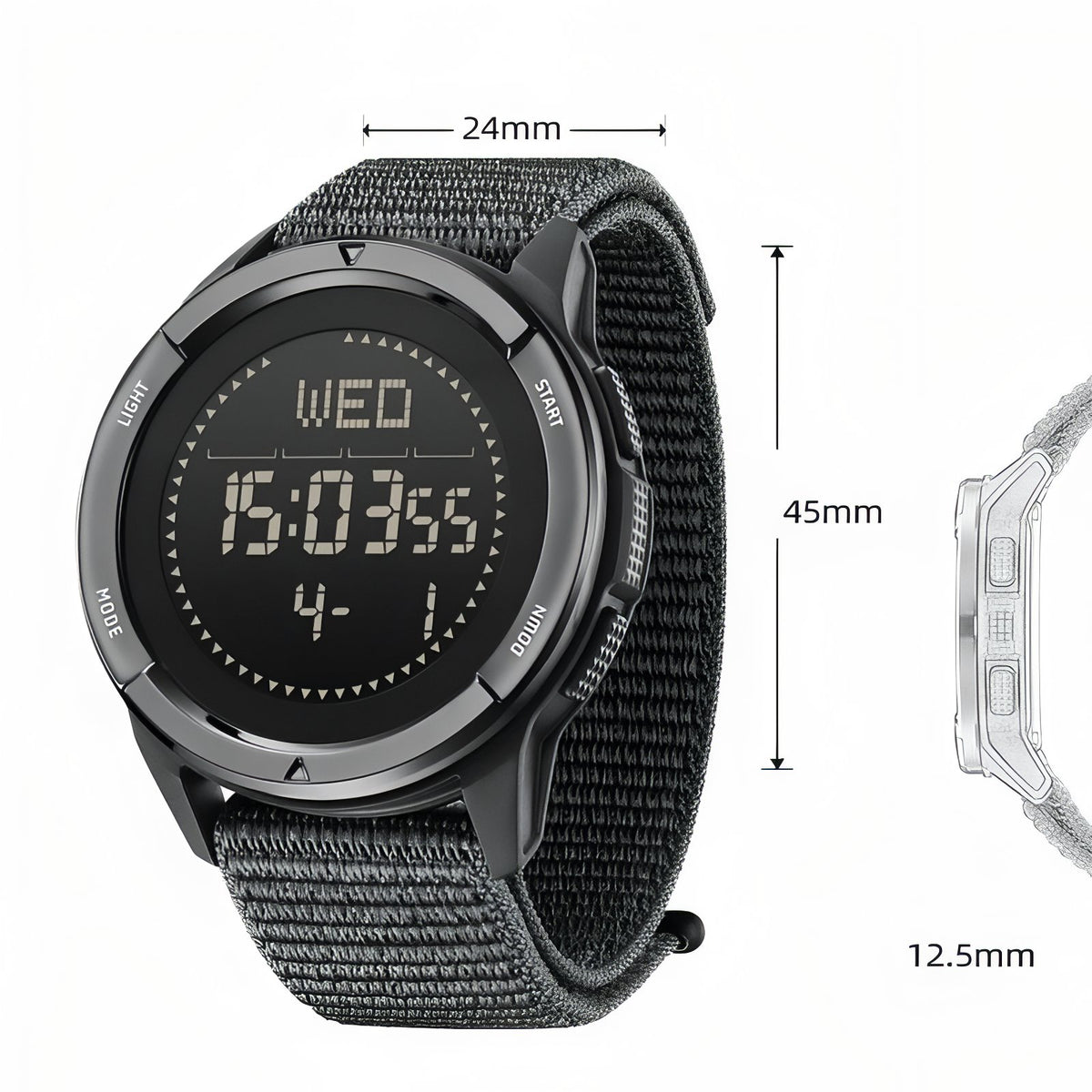 Montre Digitale Randonnée en Carbone guide des dimensions - Vert Olive - Noir et Gris