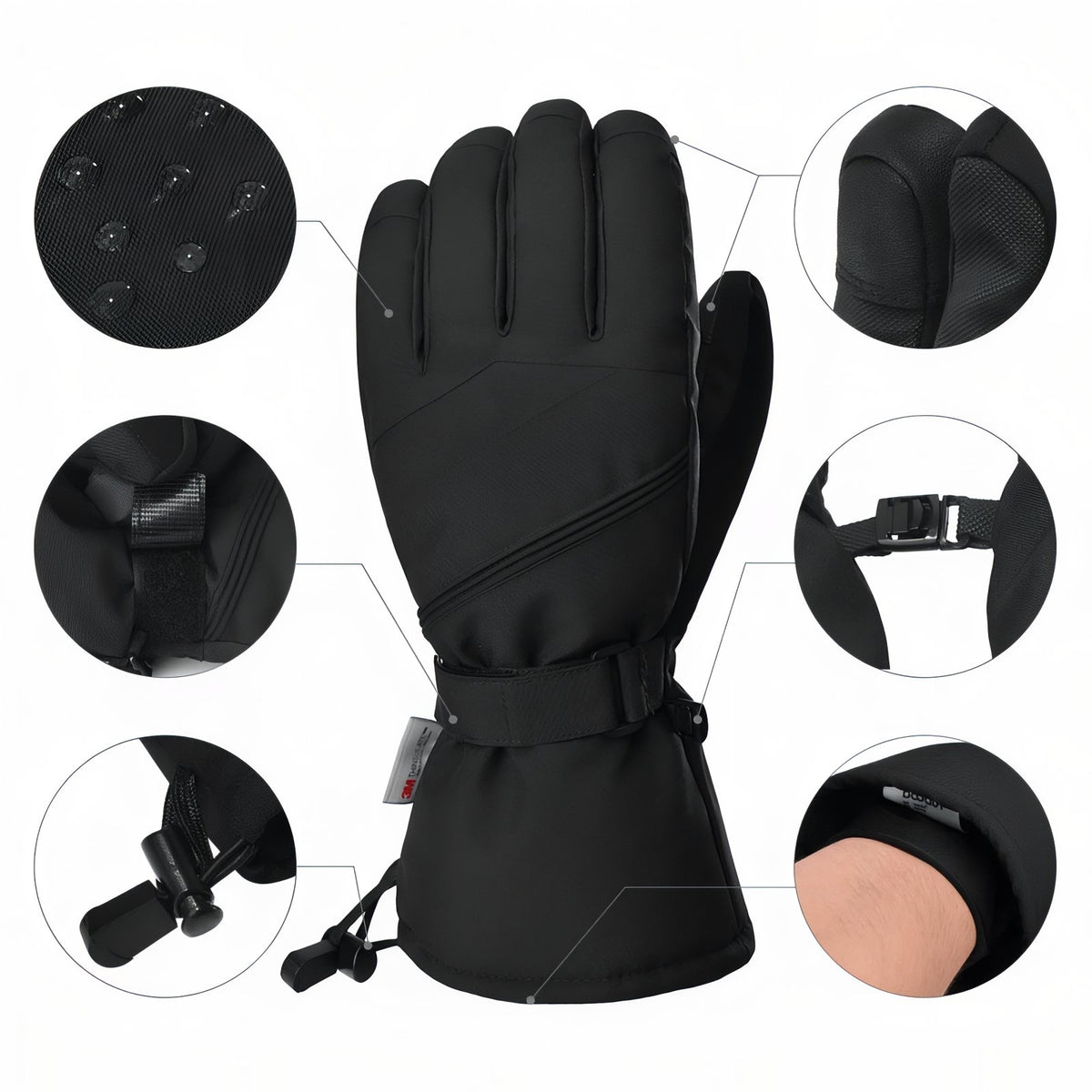 Close-up of Ski Touring Gloves with Zip Closure - White and Black - Gray and Black - Ebony Black