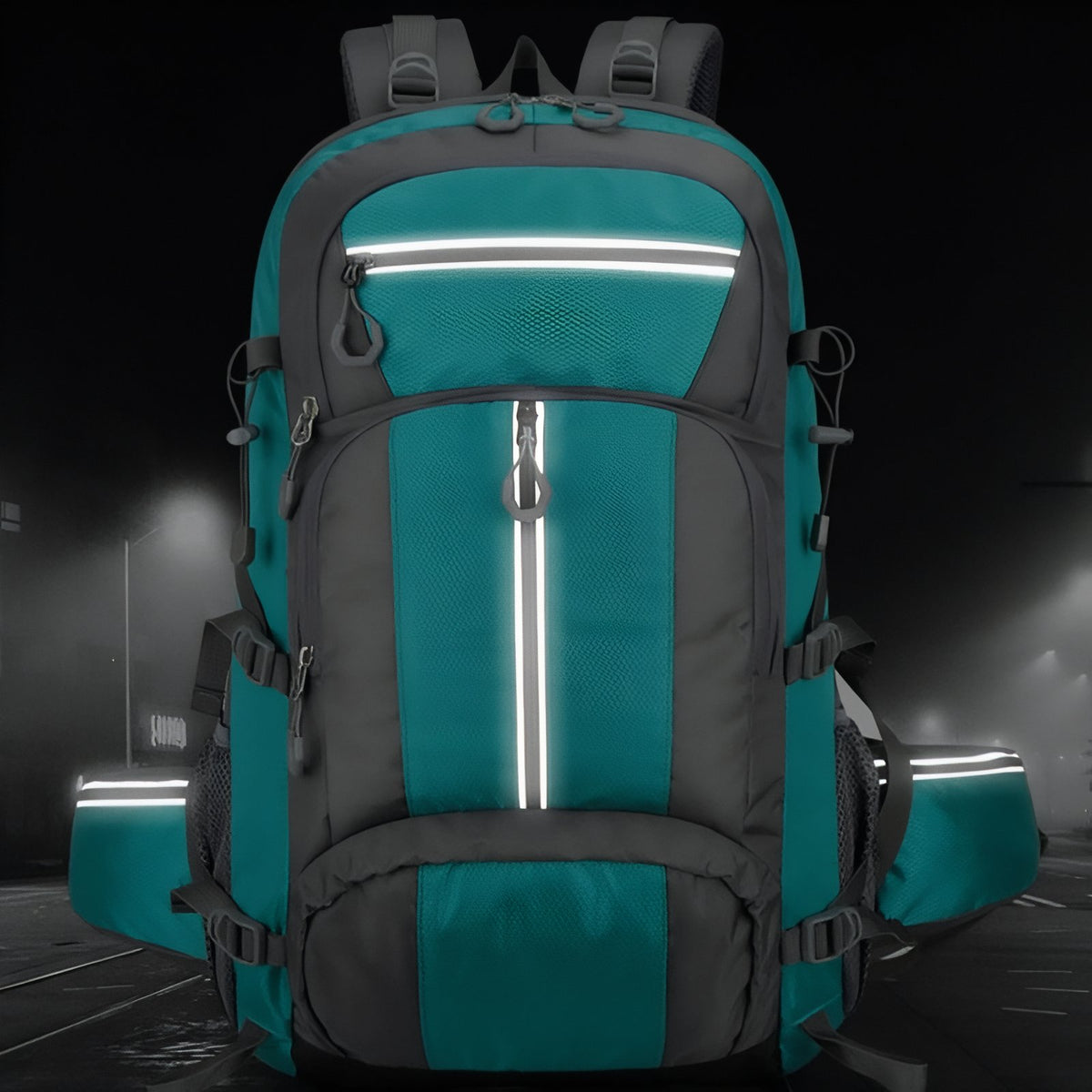 Multi-Pocket Hiking Backpack 55L close-up zip details - Turquoise and Gray - Dark Gray and Black - Dark Gray and Navy Blue - Deep Black - Orange and Gray