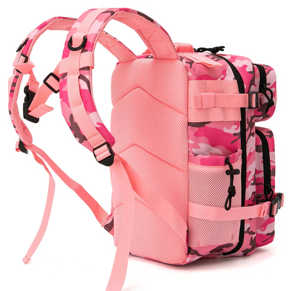 Sac à Dos Camouflage Rose 25L gros plan des bretelles - Rose