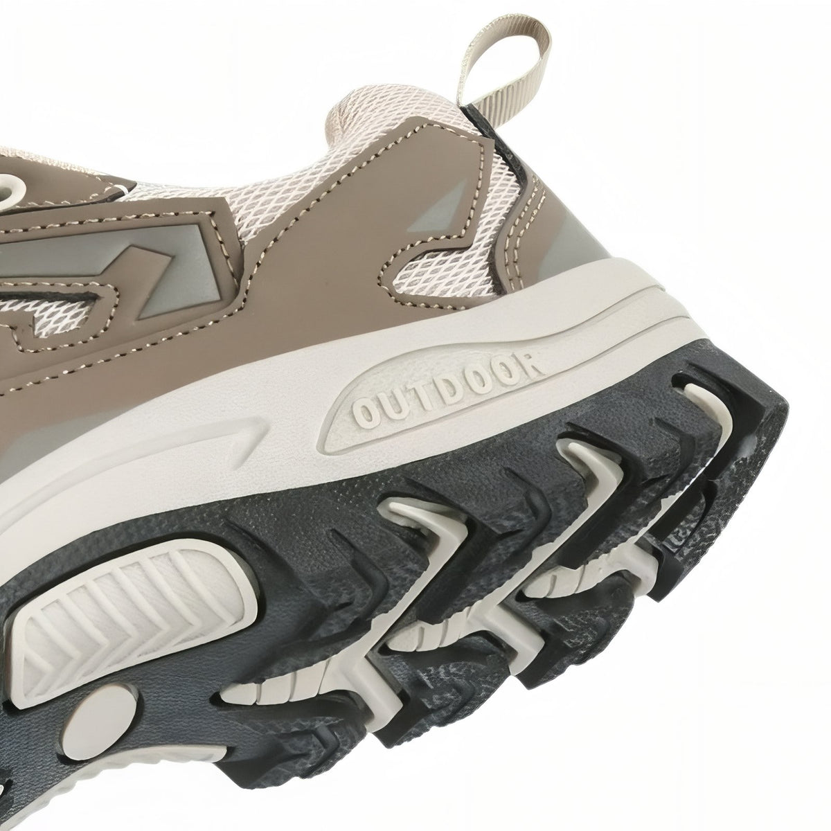 Close-up of Men's Low Hiking Shoe sole - Beige and Brown - Black and Gray