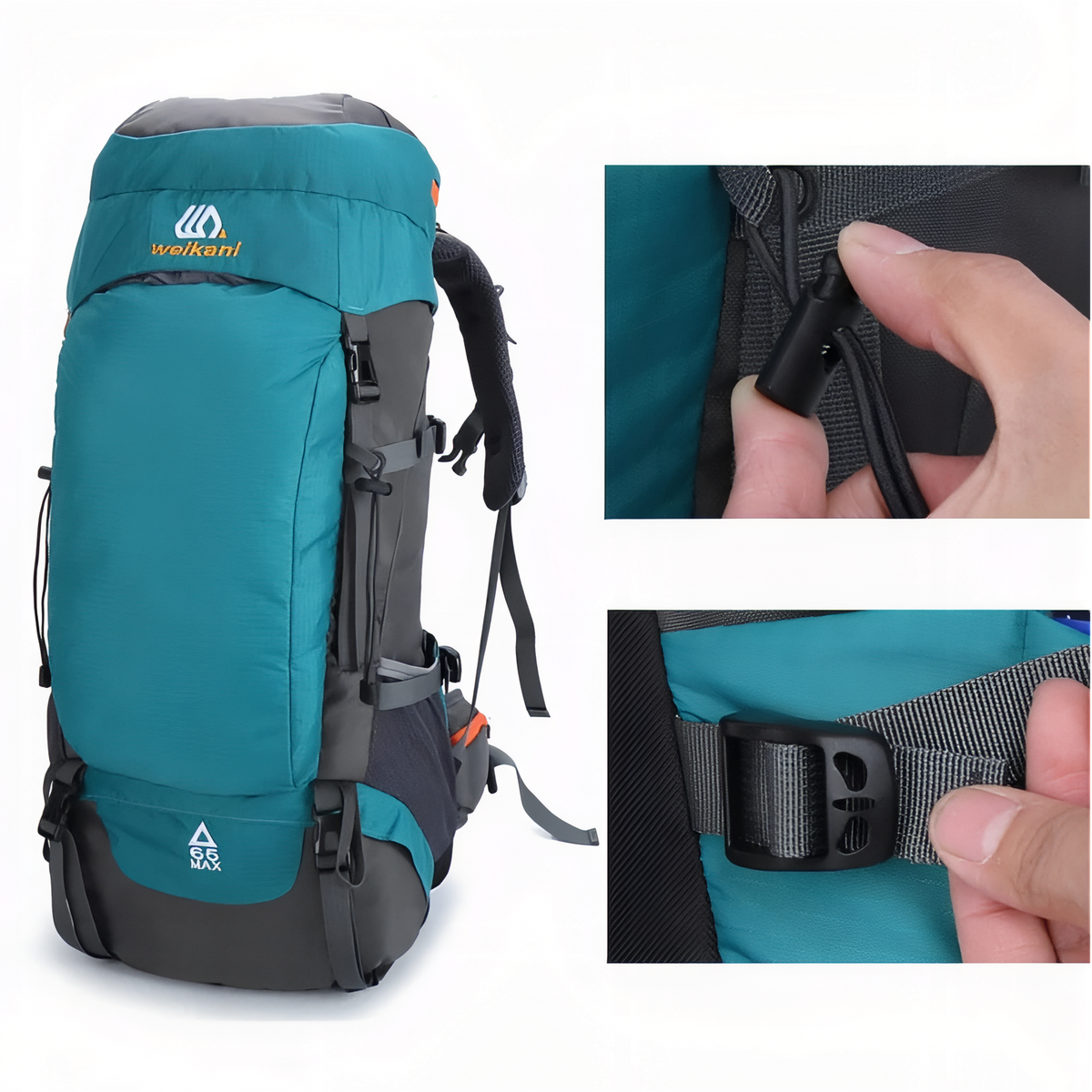 Sac à Dos Grande Randonnée 65L gros plan sangle ajustable - Turquoise - Bleu Marine - Orange - Noir