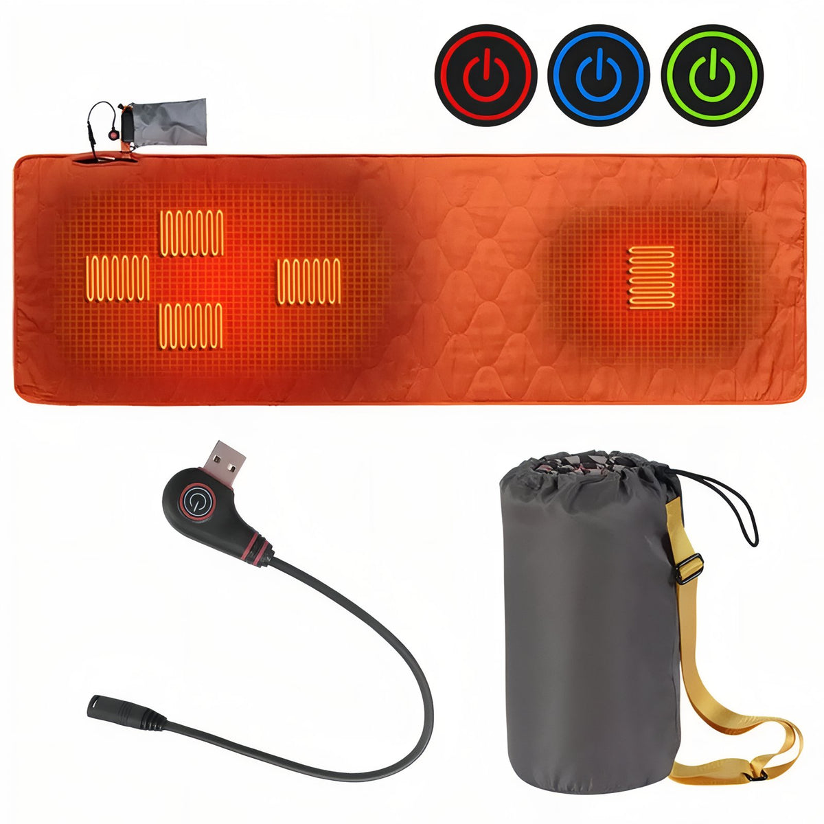 Tapis Chauffant Camping USB accessoires et câbles - Noir - Gris Anthracite - Orange Fluo