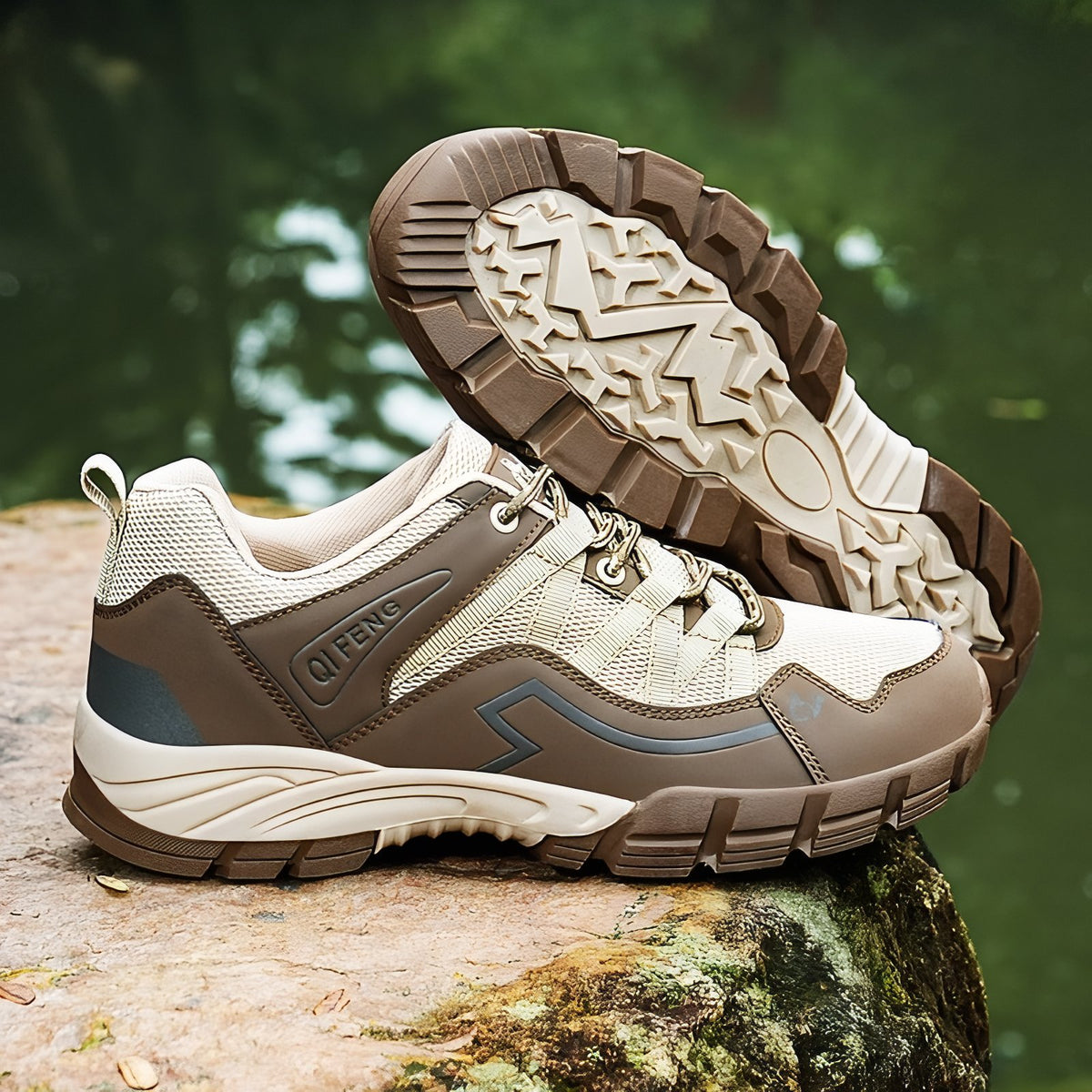Men's Low Hiking Shoe side view on rock - Beige and Brown - Black and Gray