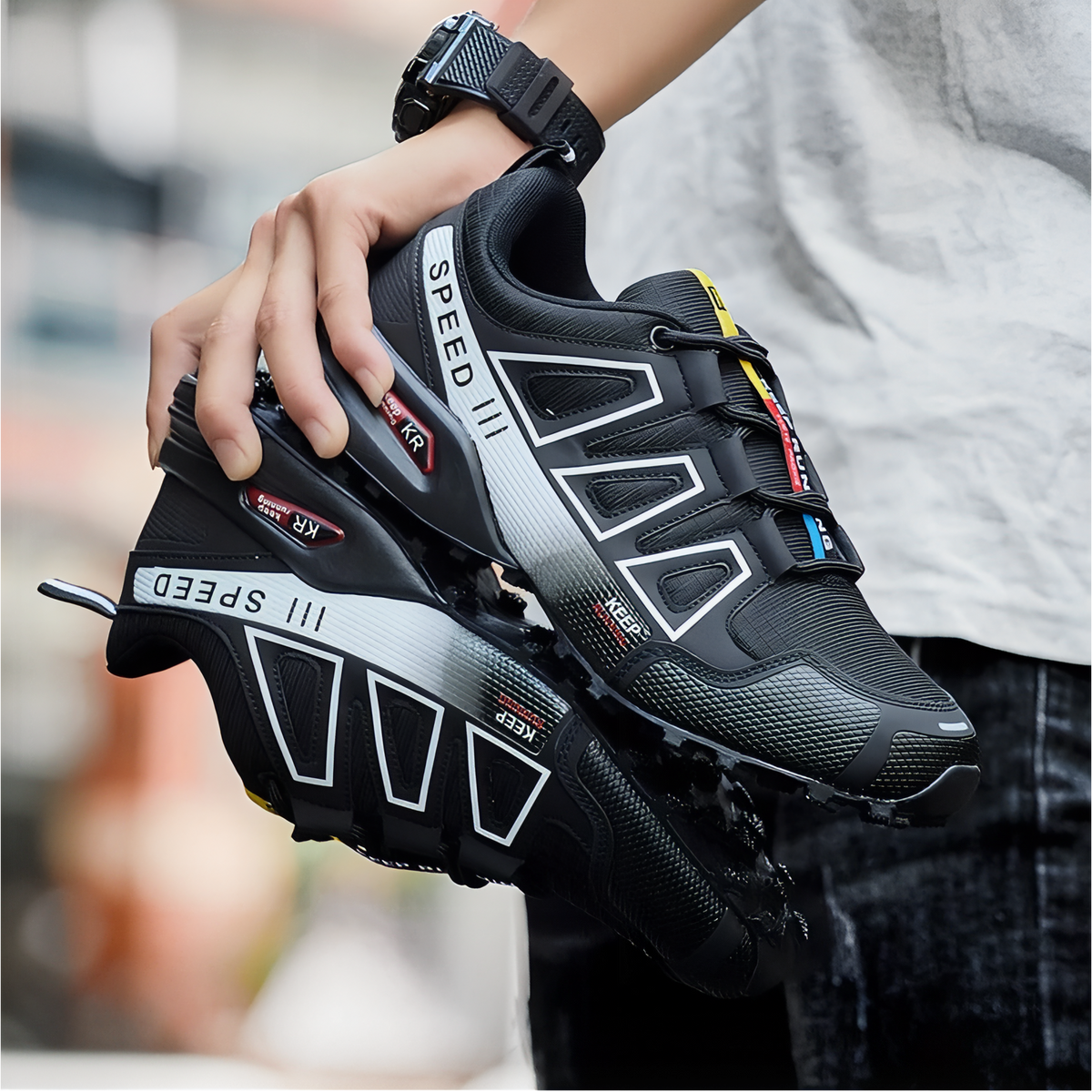 Men's Urban Walk Sneakers held in hand - Sky Blue and Black - Black and Silver - Sky Blue - Red and Black