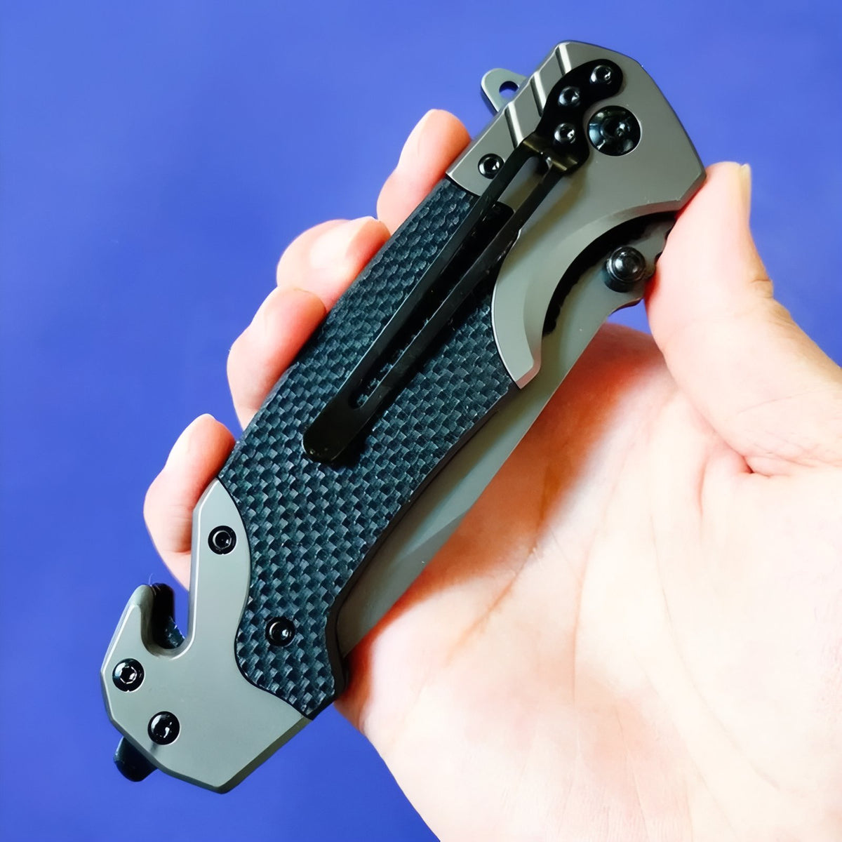 Folding Hiking Knife carried by hand - Black and Grey