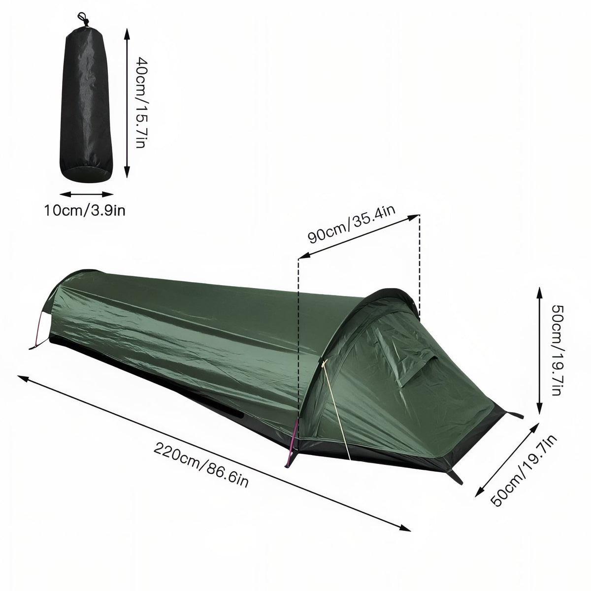 1-Person Hiking Tent size guide - Dark Green - Yellow and Black