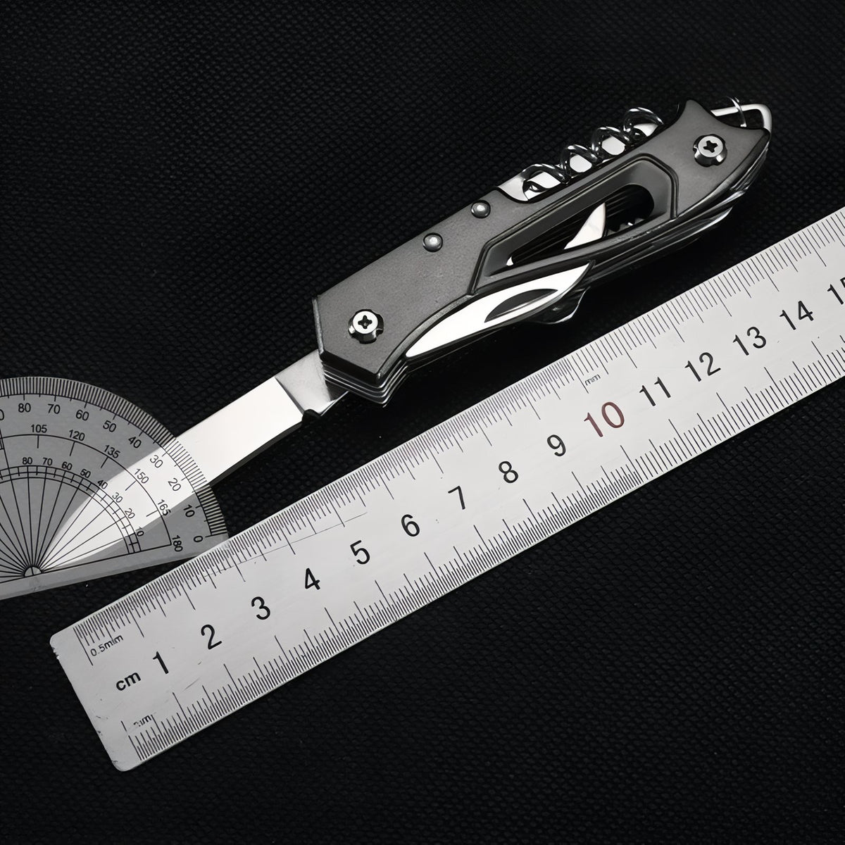 Close-up of Multifunction Pocket Knife with ruler and tool - Black