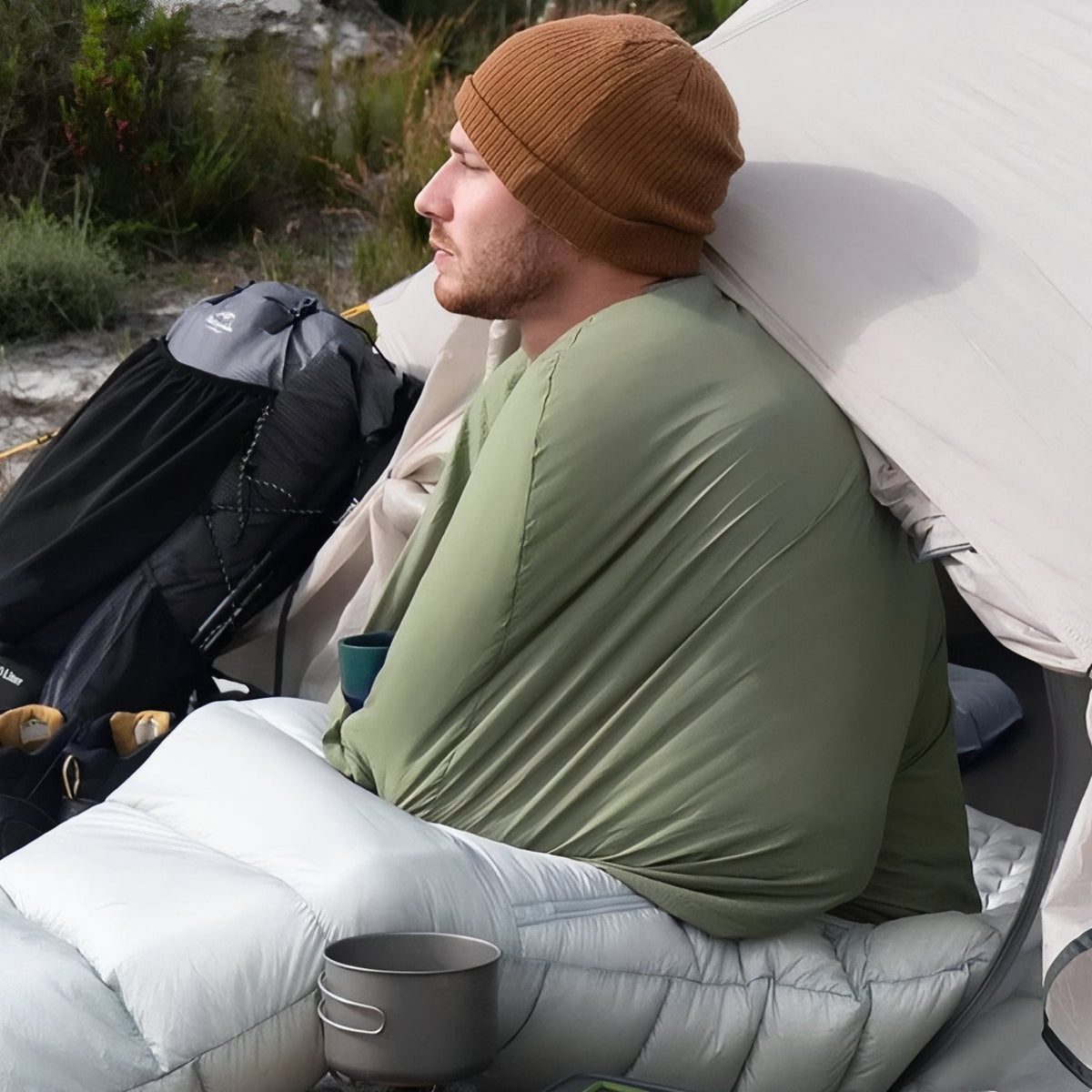 Sleeping Bag Liner carried by hand - Light Grey - Dark Olive - Sand Beige
