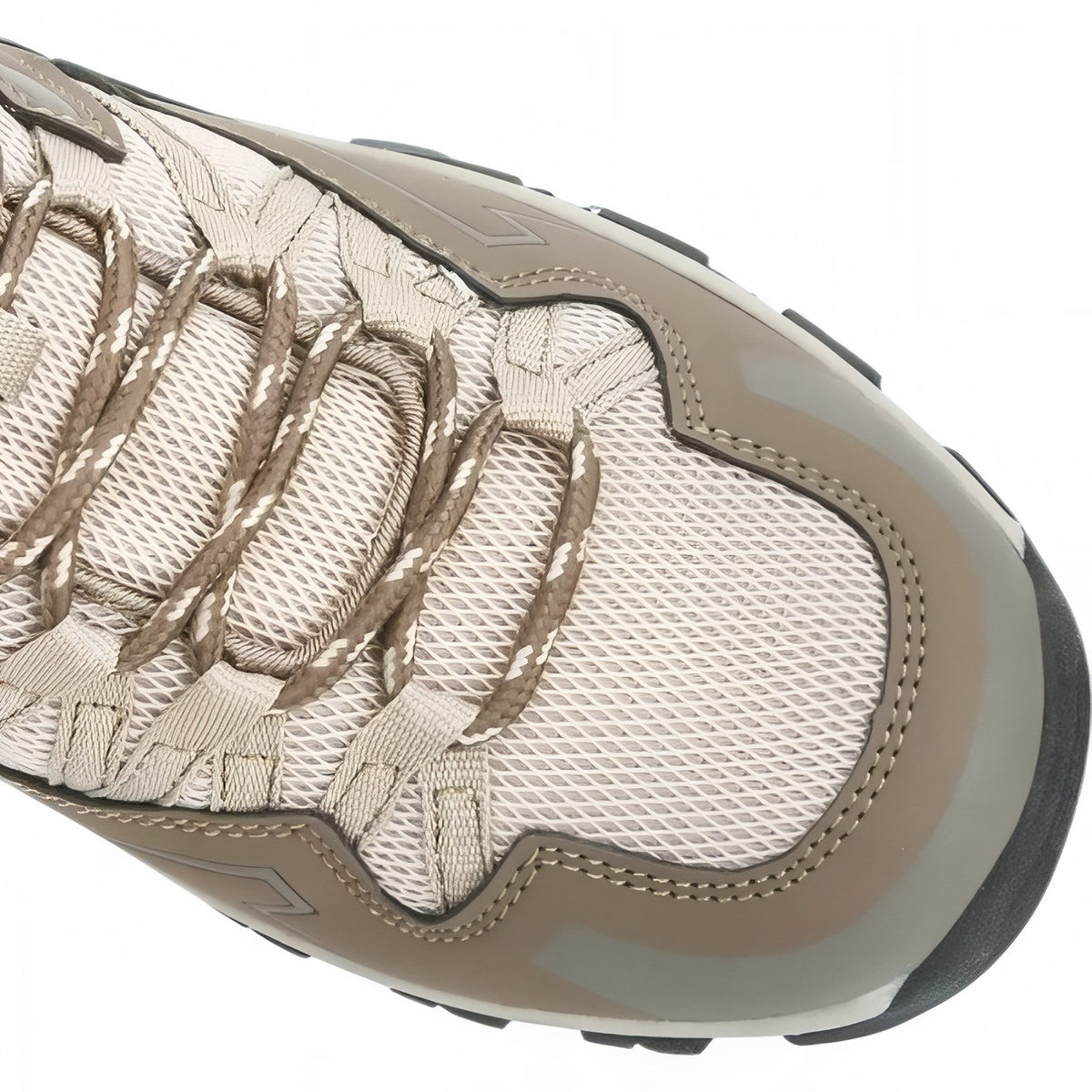 Close-up of Men's Low Hiking Shoe laces - Beige and Brown - Black and Gray