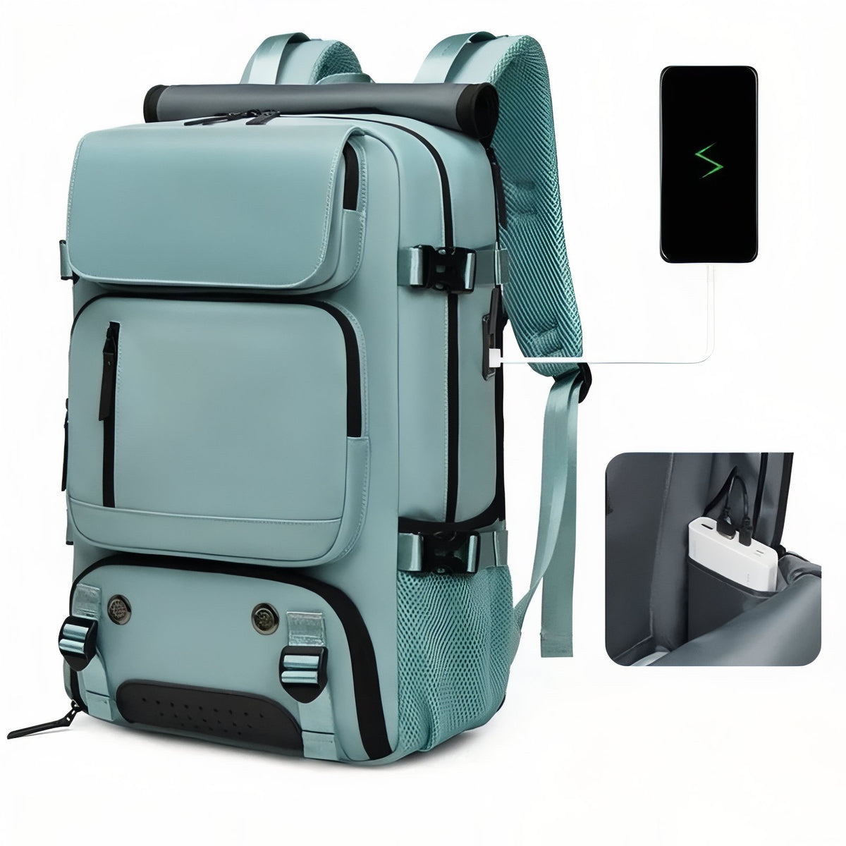 Close-up of Practical Multi-Compartment Travel Bag with charging port - Pink - Turquoise - Grey - Dark Grey - Army Green - Pastel Green - Teal - Black - Lavender