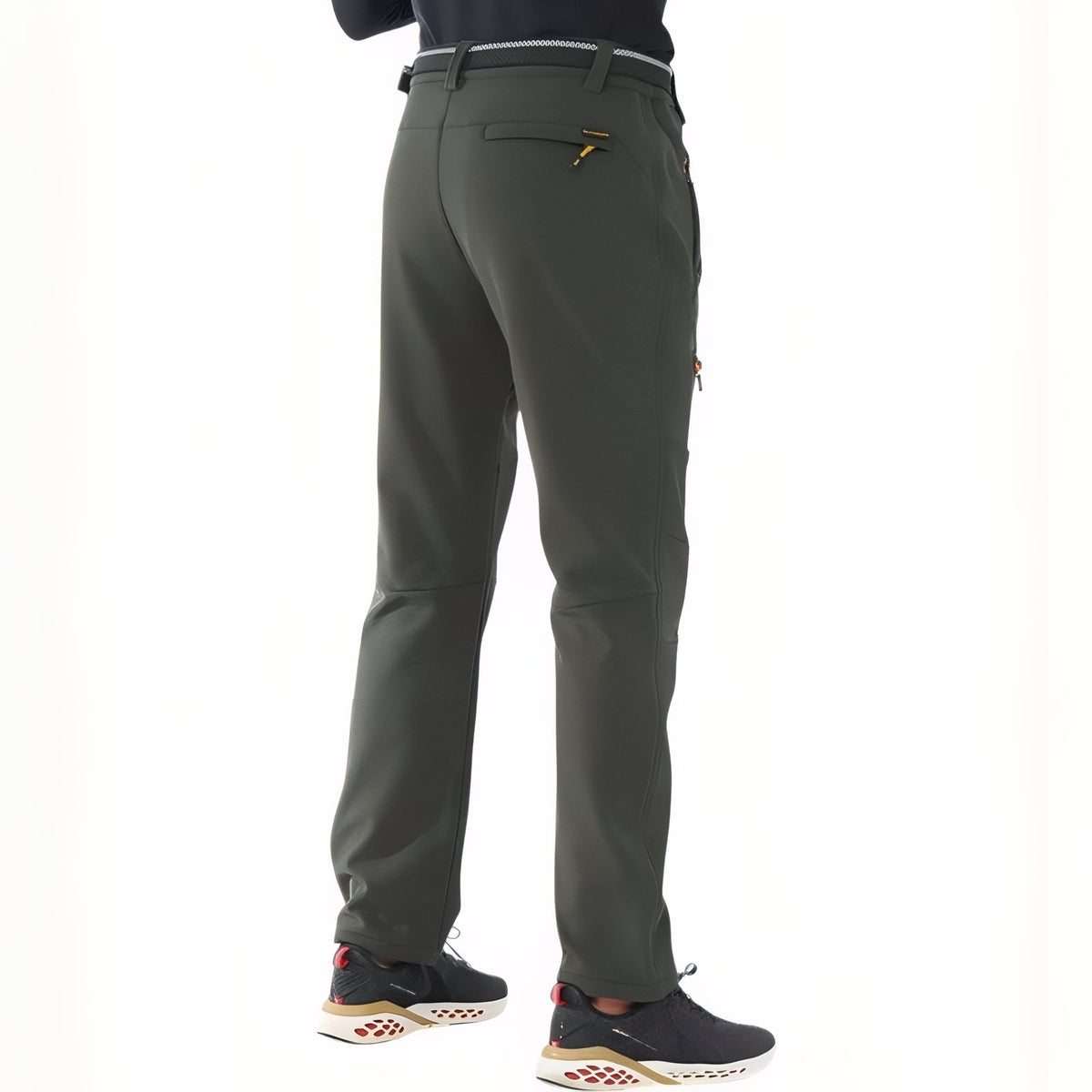 Men's Fleece-Lined Hiking Pants back view worn - Dark Green - Deep Black - Anthracite Gray
