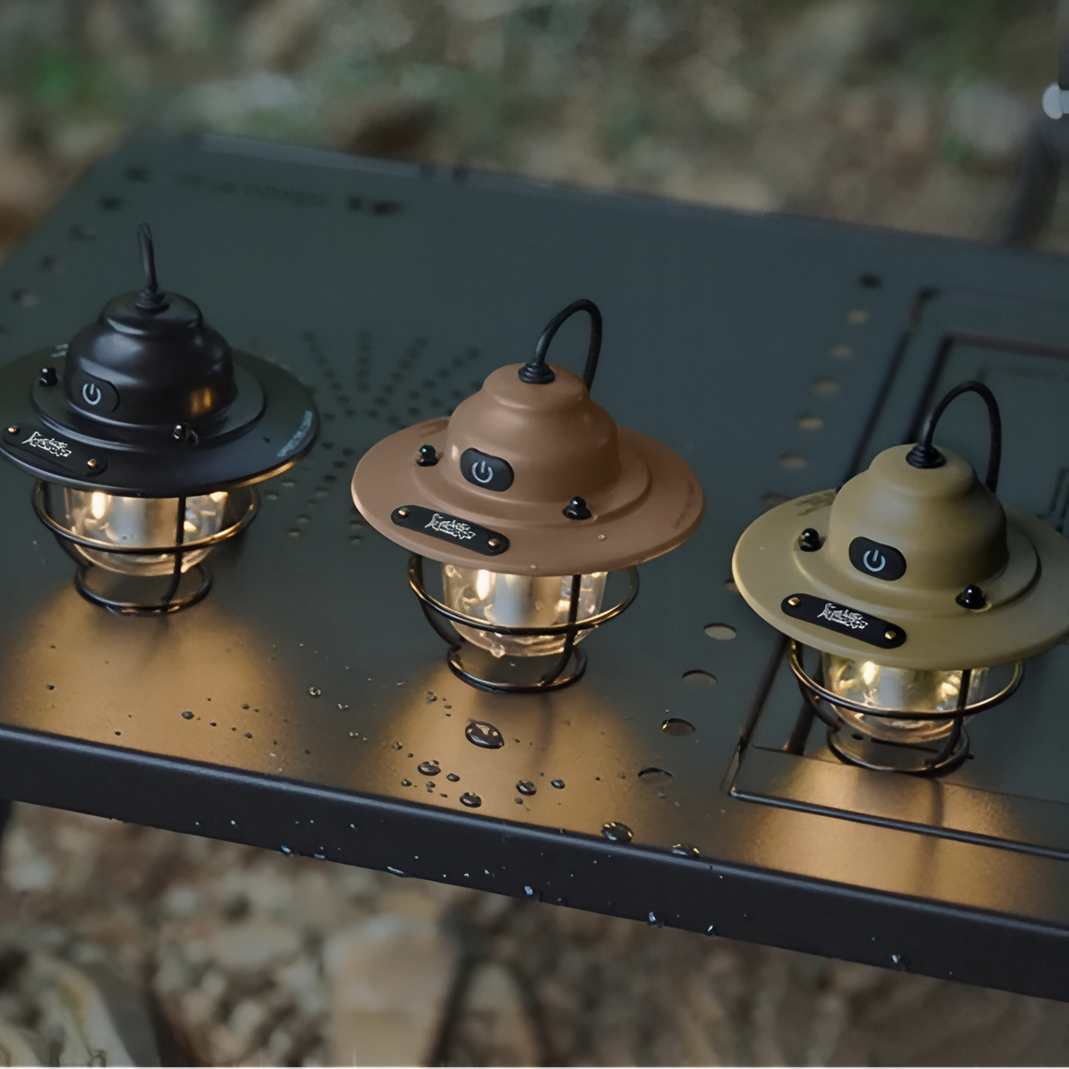 Lanterne Portable Rechargeable trois lanternes alignées - Noir - Vert Olive - Marron