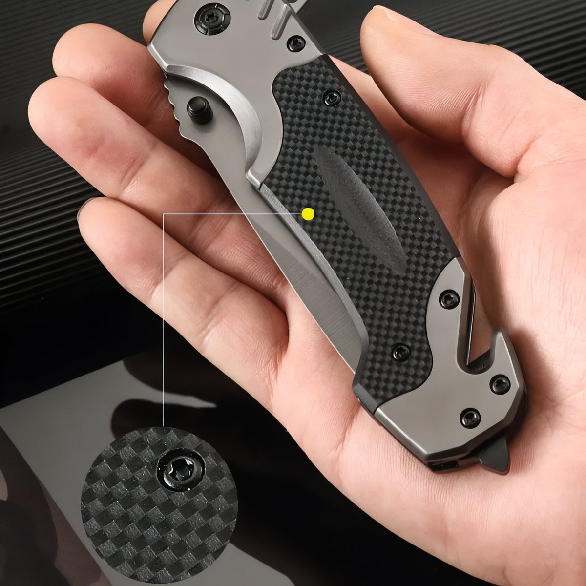 Folding Hiking Knife carried by hand - Black and Grey