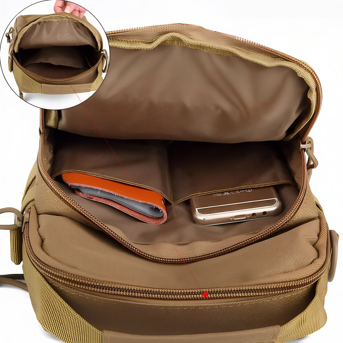 Hiking Shoulder Bag open compartment - Dark Brown - Olive Green - Matte Black