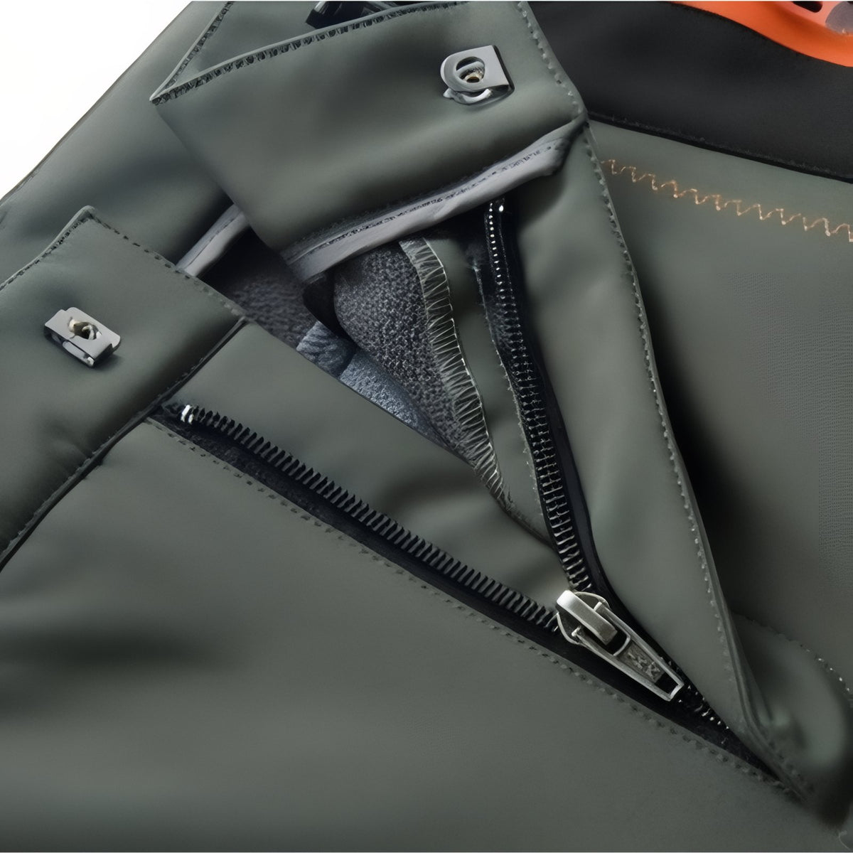 Men's Water-Repellent Hiking Pants close-up zip closure - Dark Green and Black - Dark Gray and Orange - Black and Orange