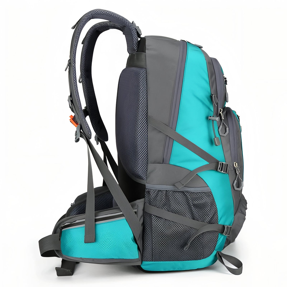 55L Multi-Pocket Hiking Backpack side profile - Turquoise and Gray - Dark Gray and Black - Dark Gray and Navy Blue - Deep Black - Orange and Gray