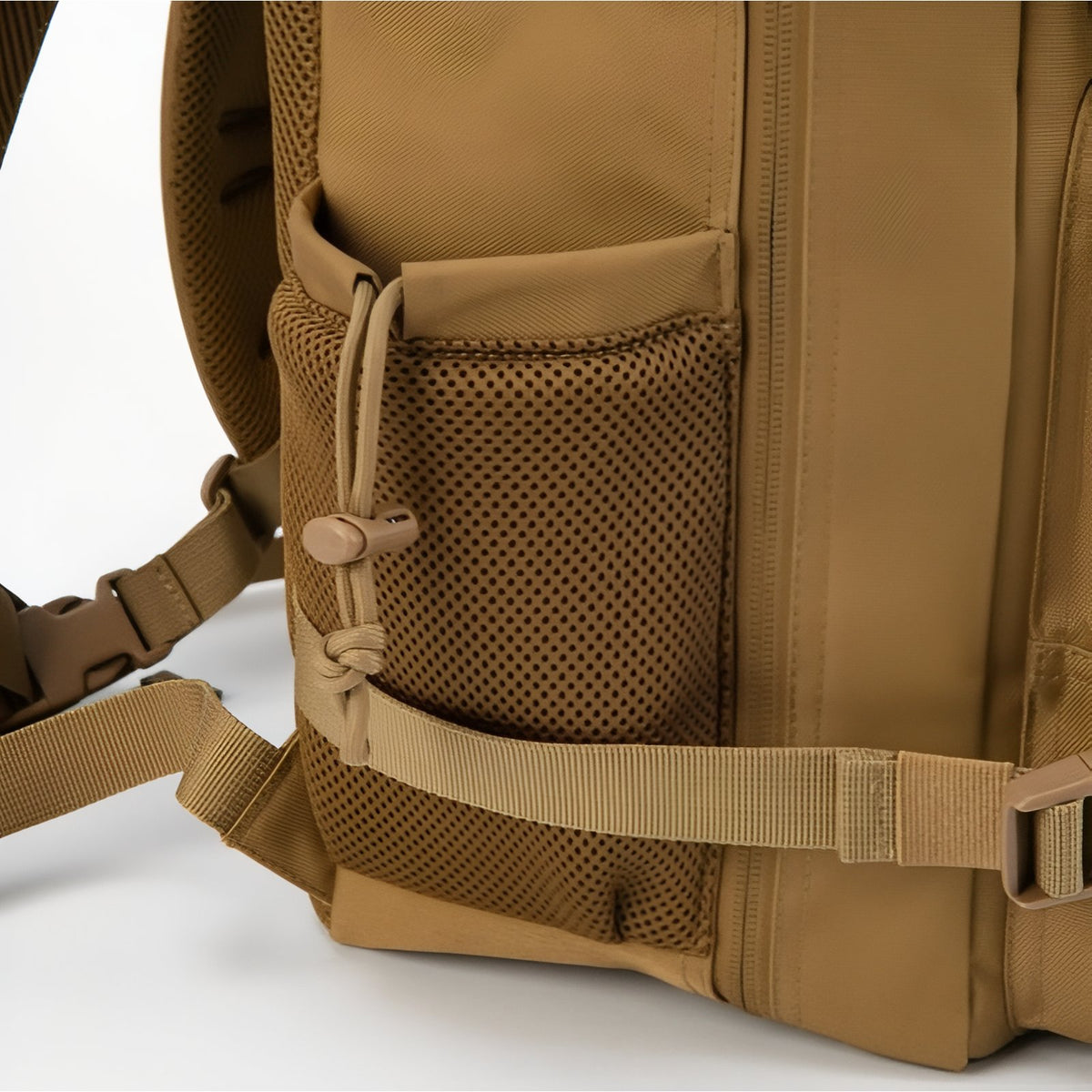 Close-up of Military Backpack Sand 25L strap and pocket - Dark Brown