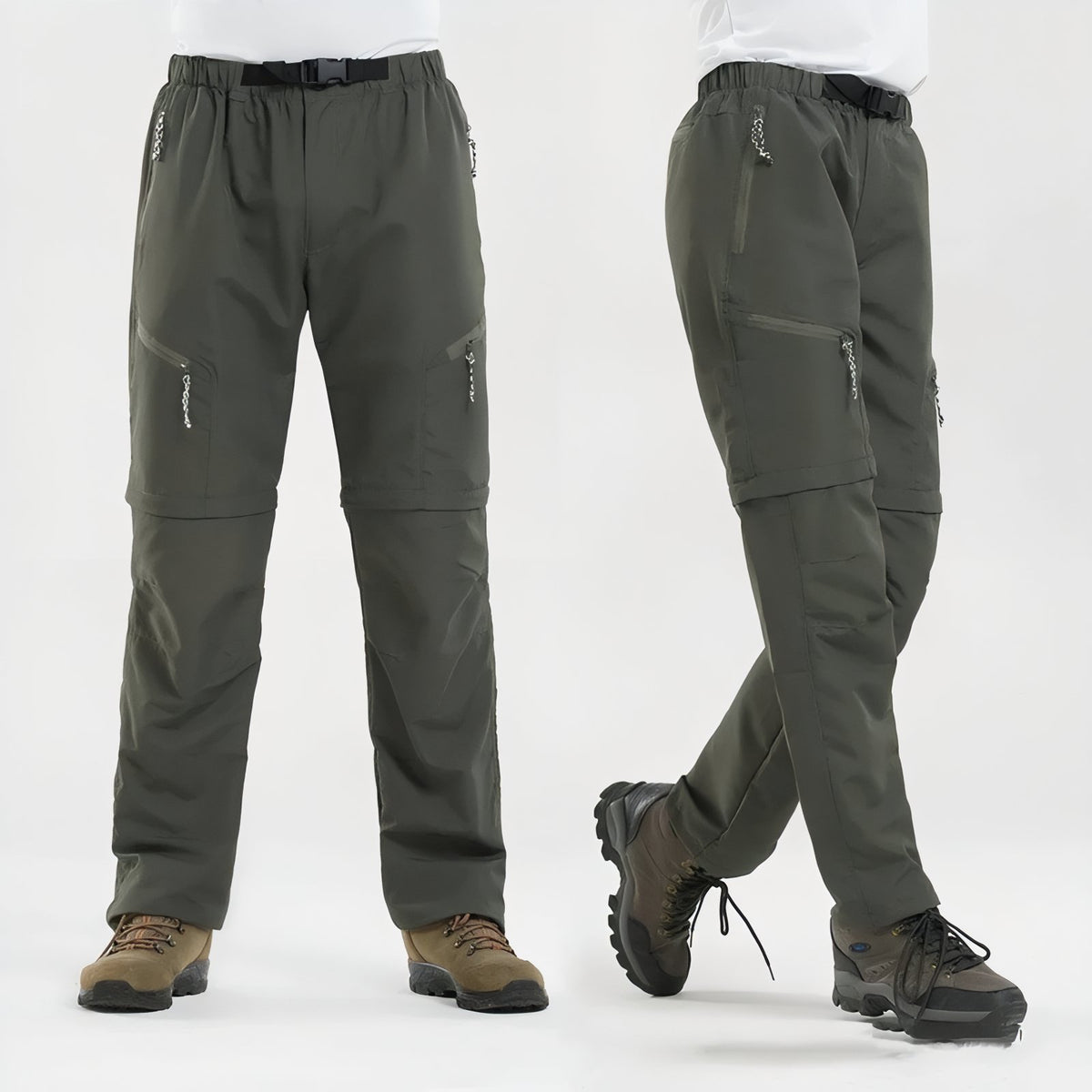 Convertible Hiking Pants worn on mannequin - Black - Olive Green - Dark Gray