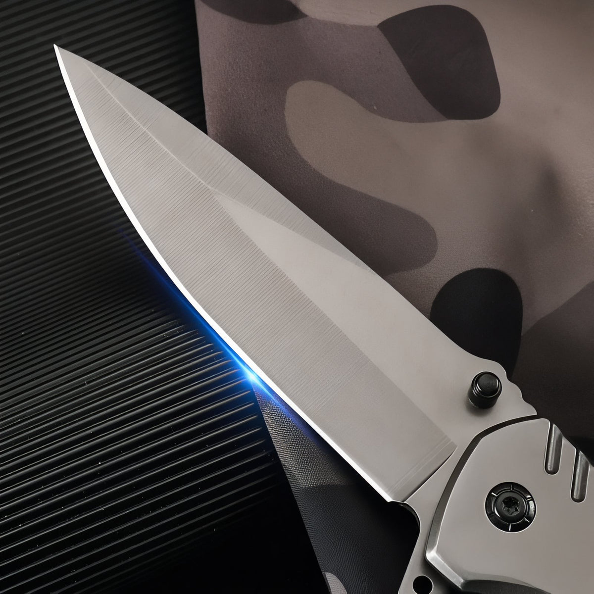 Close-up of Folding Hiking Knife blade - Black and Gray