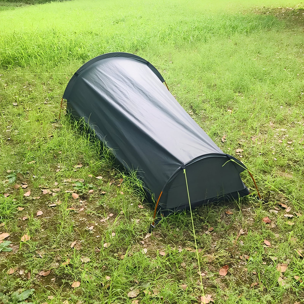 1-Person Hiking Tent in outdoor setting - Dark Green - Yellow and Black
