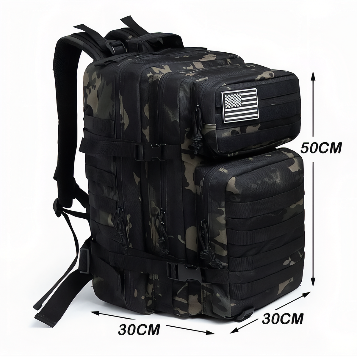 Sac à Dos Camouflage 45L guide des dimensions - Noir et Gris - Gris et Beige - Vert Olive et Beige - Noir - Marron et Vert Forêt - Marron Beige