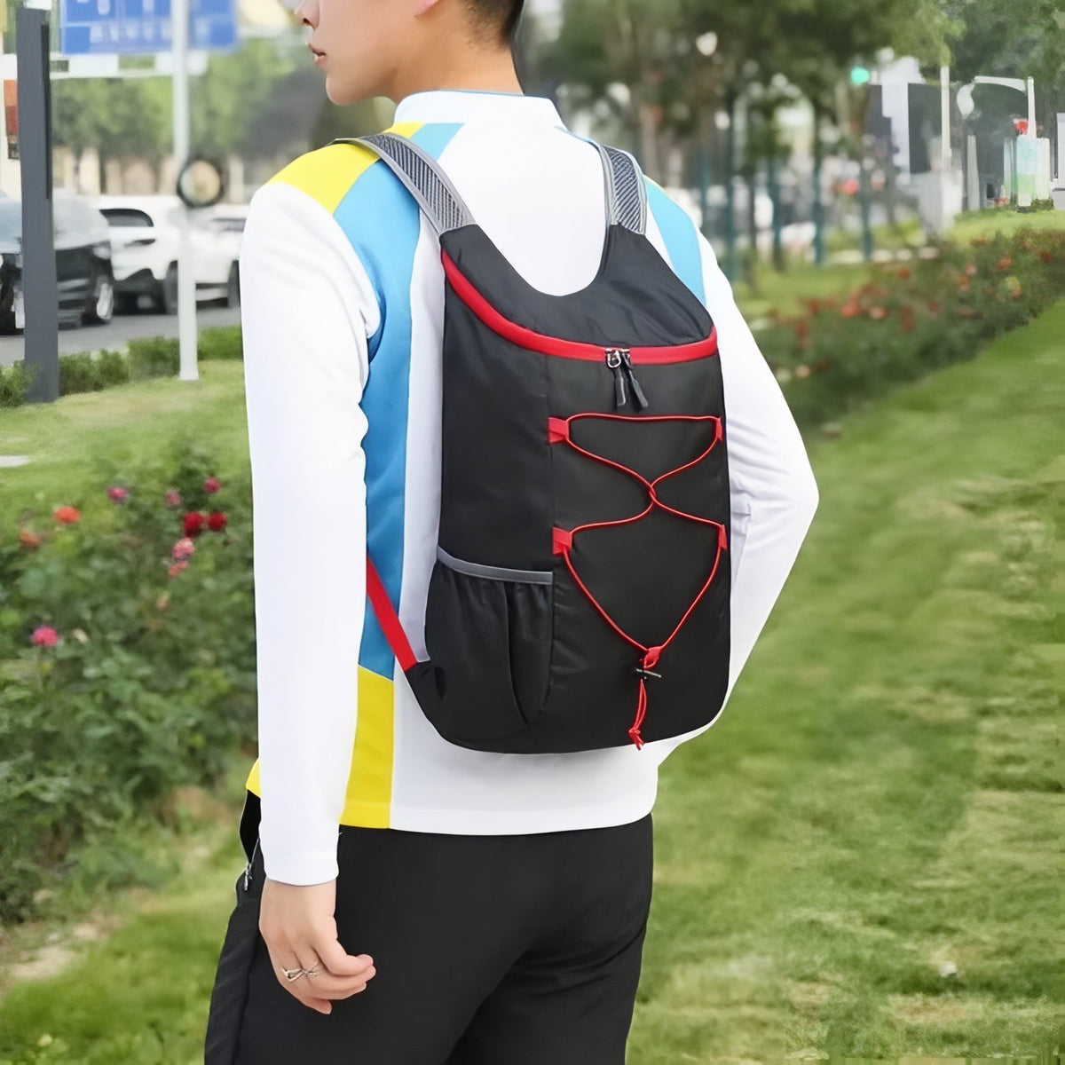 Foldable Hiking Backpack 20L worn on the back - Black and Red - Navy Blue and Orange - Gray and Blue