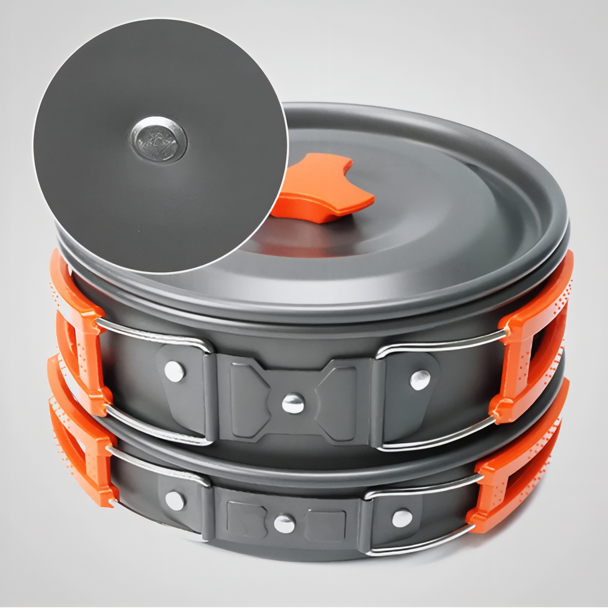 Popote Trek 2 Personnes gros plan couvercle - Noir et Orange - Gris et Vert Fluo