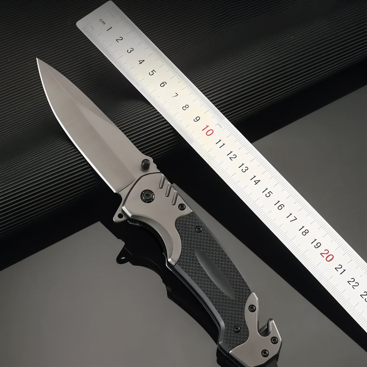 Close-up of Folding Hiking Knife blade - Black and Grey