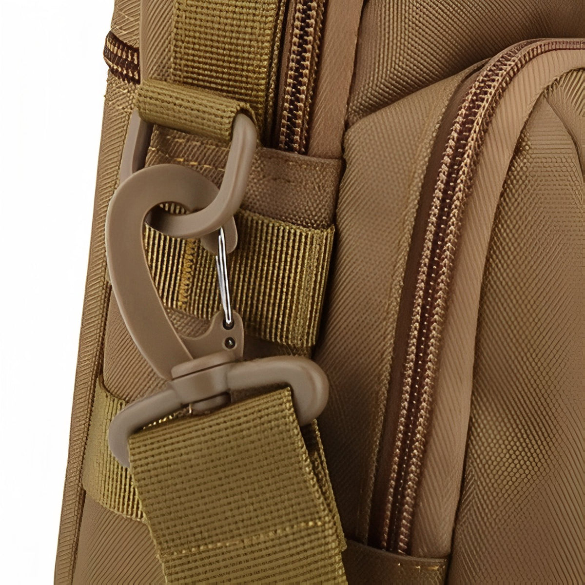 Hiking Shoulder Bag close-up zip closure - Dark Brown - Olive Green - Matte Black