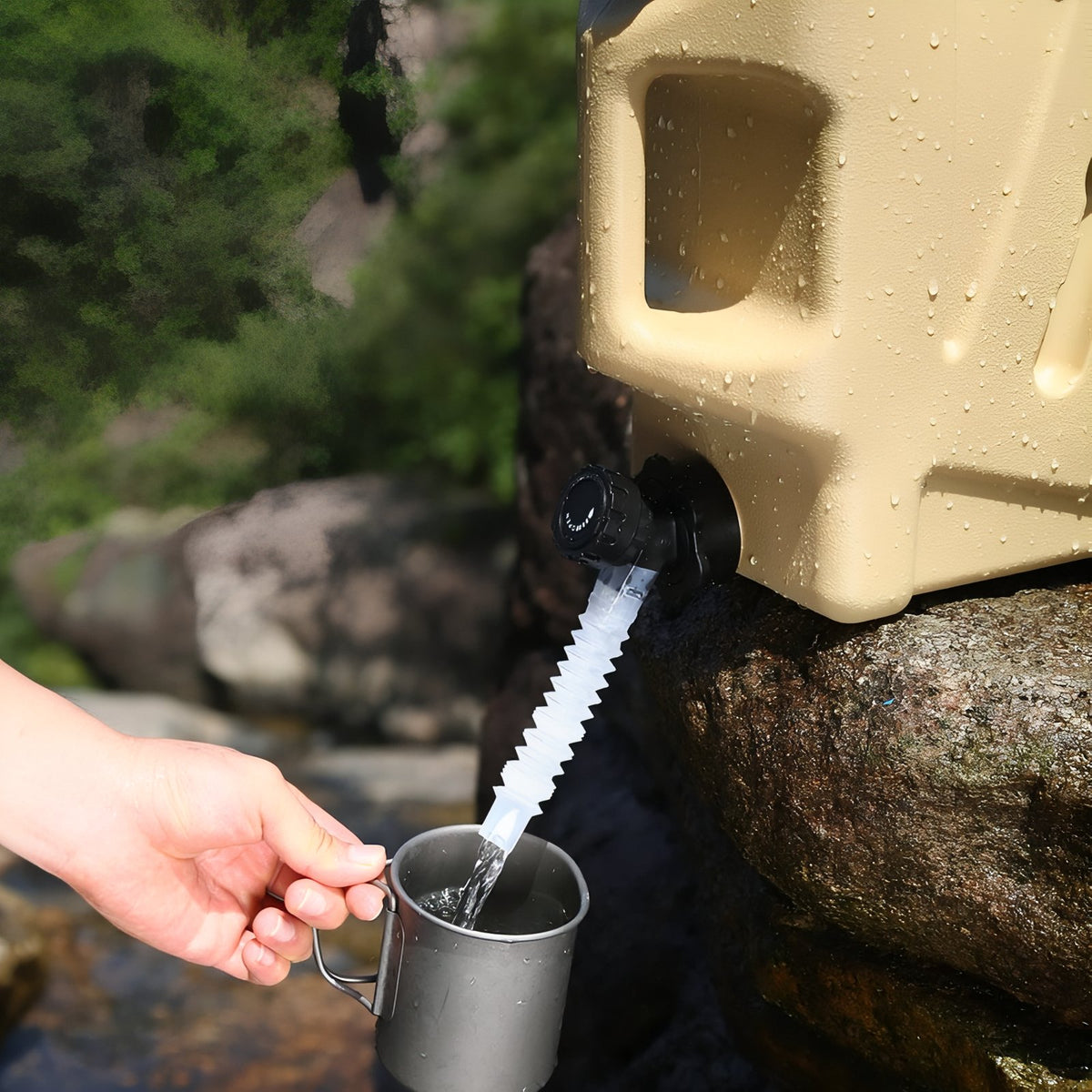 12L Camping Water Jerrycan pouring water into cup - Olive Green - Light Beige - Matte Black