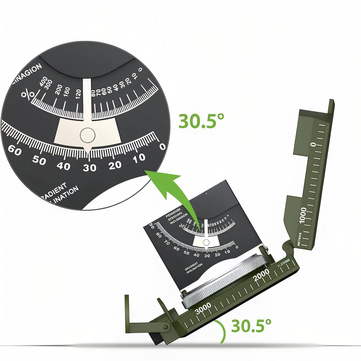 Multifunction Compass with Clinometer close-up clinometer - Military Green