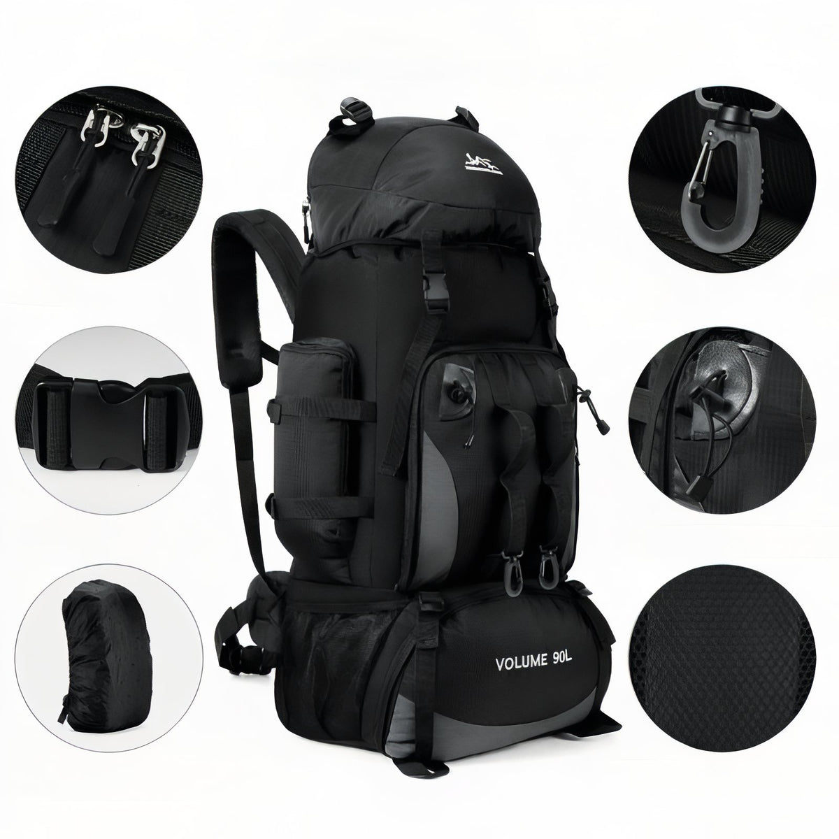 Trekking Backpack close-up zip closure - Light Blue - Red - Green - Navy Blue - Black