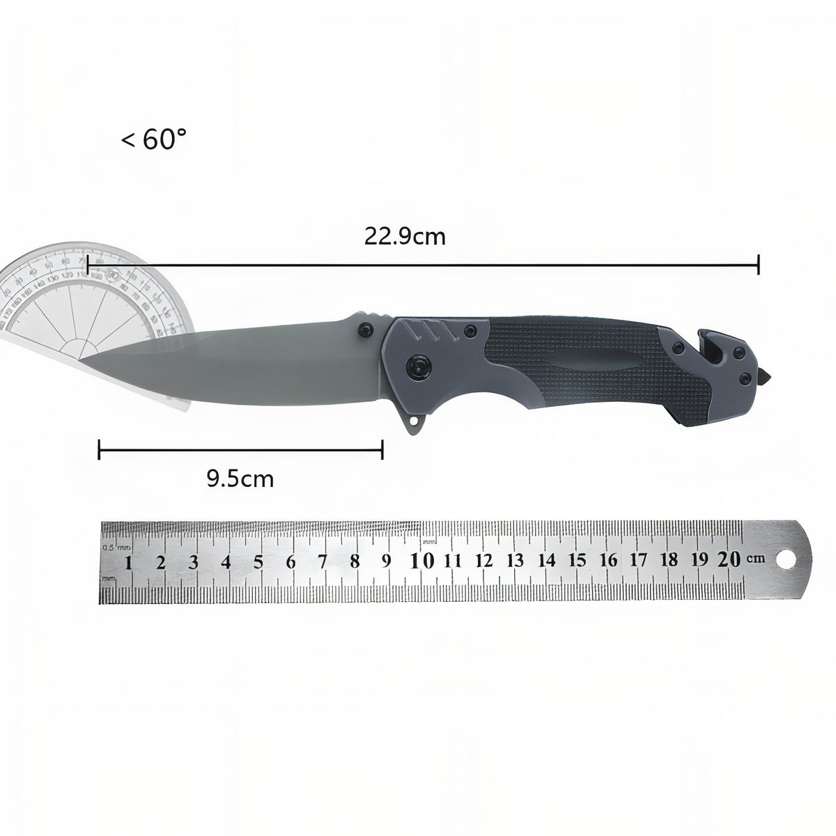 Folding Hiking Knife size guide - Black and Gray