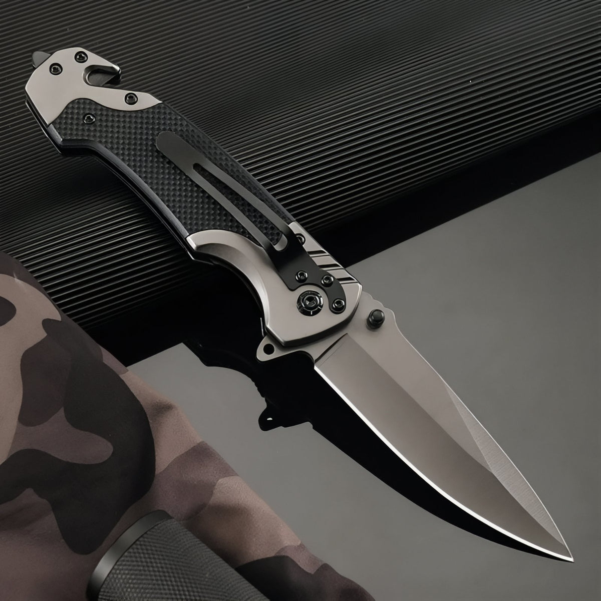Close-up of Folding Hiking Knife blade - Black and Grey